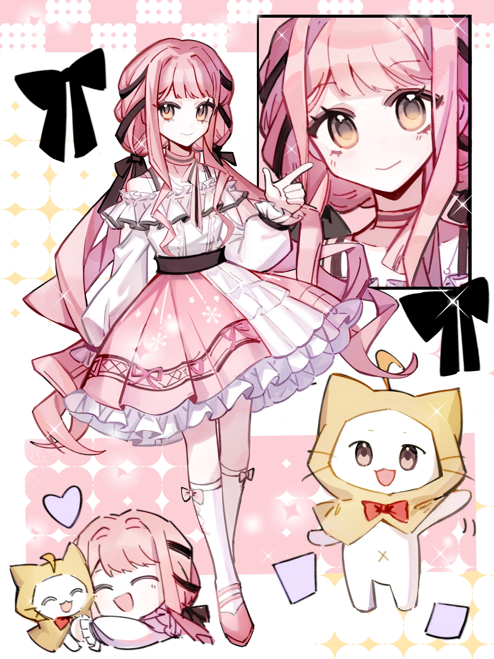 momo (nikki), nikki (nikki), perfect start (infinity nikki), infinity nikki, nikki (series), chinese commentary, commentary request, highres, 1girl, ^ ^, ahoge, animal, animal hug, bare shoulders, belt, black belt, black bow, black ribbon, blunt bangs, bow, bow choker, bow legwear, bowtie, bra strap, brown eyes, cat, center frills, chibi, choker, cloak, closed eyes, closed mouth, clothed animal, cropped torso, cross-laced clothes, cross-laced legwear, ear covers, eyelashes, eyes visible through hair, finger gun, frilled shirt, frilled skirt, frilled sleeves, frills, fwxcfq, hair bow, hair ribbon, happy, heart, high heels, hood, hood up, hooded cloak, hug, kneehighs, layered skirt, light blush, long hair, long sidelocks, long sleeves, looking at viewer, low twintails, medium skirt, multiple views, navel, off-shoulder shirt, off shoulder, pink background, pink bow, pink bowtie, pink choker, pink hair, pink ribbon, pink shoes, pink skirt, pleated skirt, print skirt, puffy long sleeves, puffy sleeves, pumps, red bow, red bowtie, ribbon, shirt, shoes, sidelocks, single stripe, skirt, sleeves past wrists, smile, snowflake print, socks, sparkle, striped bow, striped bowtie, striped choker, striped clothes, traditional bowtie, tress ribbon, twintails, two-tone background, very long hair, waving, wavy hair, whiskers, white background, white cat, white shirt, white skirt, white socks, yellow cloak