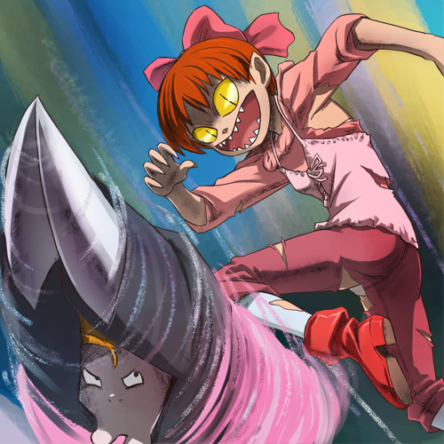 haruyama kazunori, nekomusume, gegege no kitarou, toei company, lowres, bow, hair bow, panties, pointy ears, red hair, short hair, torn clothes, underwear, yellow eyes