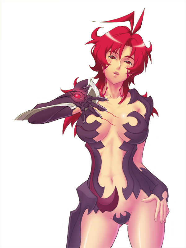 kazunari, rakugake, amaha masane, witchblade, bad id, bad pixiv id, 00s, 1girl, antenna hair, armor, bikini armor, black sclera, breasts, cleavage, colored sclera, facial tattoo, female focus, hand on own hip, large breasts, lips, long hair, neck tattoo, red hair, simple background, solo, tattoo, white background