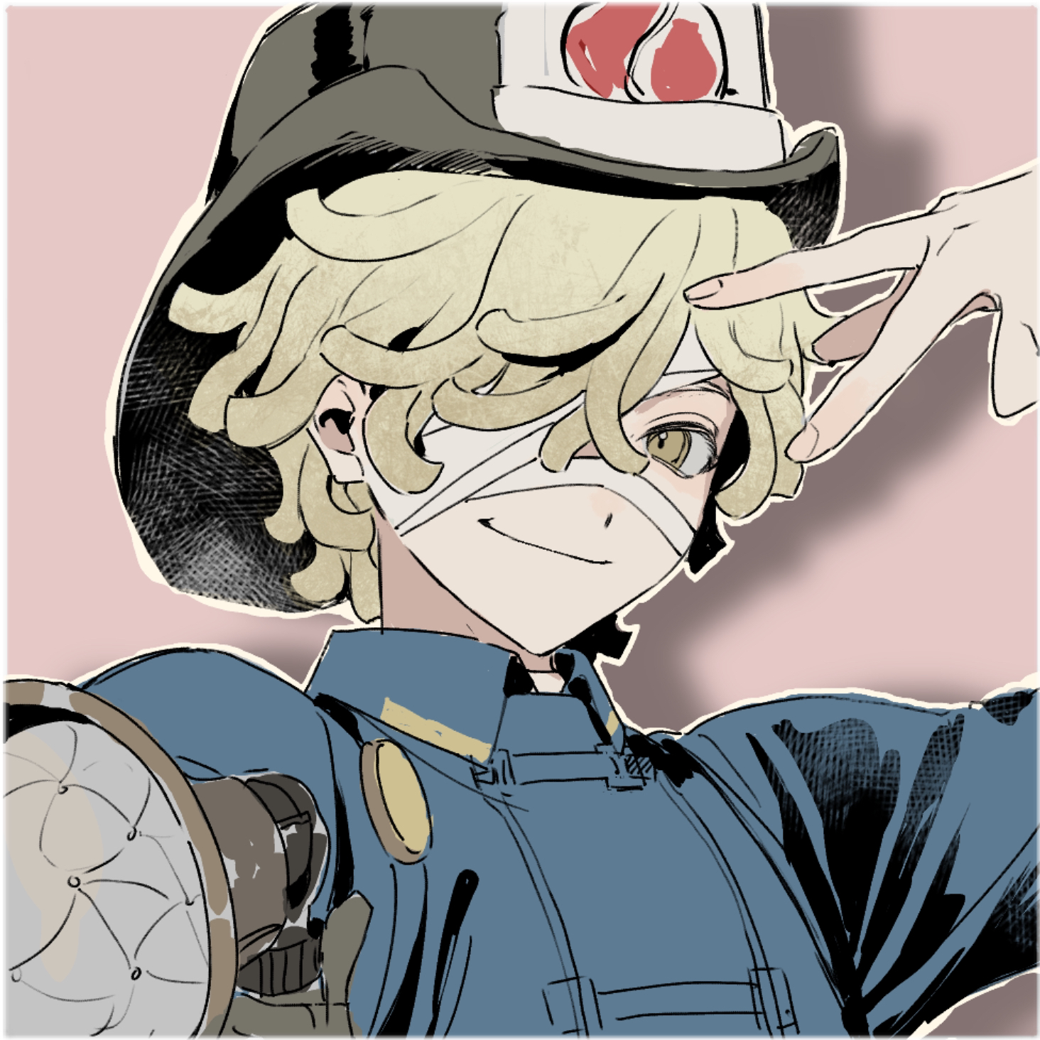 florian brand, identity v, highres, 1boy, bandage on face, bandage over one eye, bandages, black gloves, blonde hair, blue coat, coat, collared shirt, fire helmet, firefighter jacket, gloves, hat, helmet, holding, jacket, messy hair, outline, pink background, shirt, shizuka0217, short hair, smile, solo, upper body, v, white outline, yellow eyes