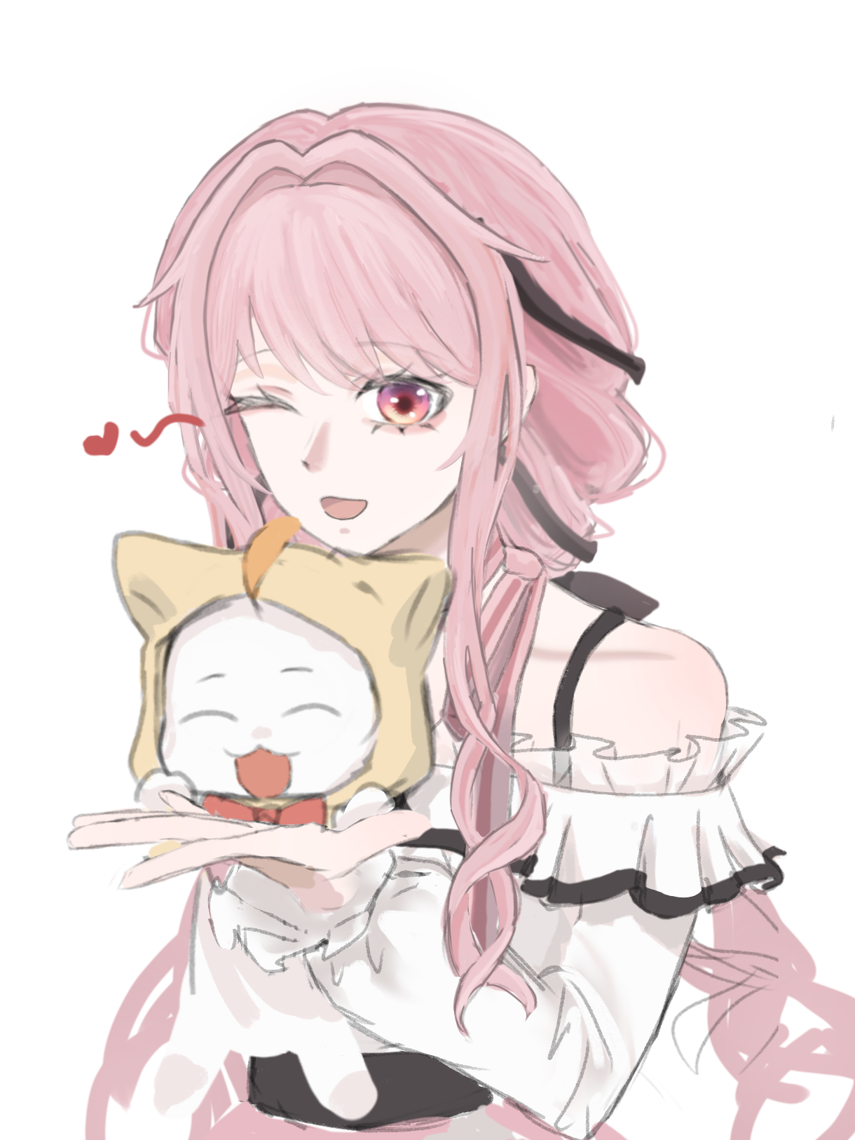 momo (nikki), nikki (nikki), perfect start (infinity nikki), infinity nikki, nikki (series), highres, 1girl, ^ ^, ahoge, animal, bare shoulders, belt, black belt, bow, bow choker, bowtie, bra strap, brown eyes, cat, choker, cloak, closed eyes, clothed animal, collarbone, cowboy shot, ear covers, eyelashes, frilled shirt, frilled sleeves, frills, hair intakes, happy, heart, holding, holding animal, hood, hood up, hooded cloak, layered skirt, long hair, long sidelocks, long sleeves, looking at viewer, low twintails, off-shoulder shirt, off shoulder, one eye closed, open mouth, outstretched hand, pink bow, pink bowtie, pink choker, pink hair, pink skirt, puffy long sleeves, puffy sleeves, red bow, red bowtie, shirt, sidelocks, simple background, single stripe, skirt, smile, solo, spoken heart, standing, striped bow, striped bowtie, striped choker, striped clothes, traditional bowtie, twintails, very long hair, wavy hair, white background, white cat, white shirt, yaoyao75721, yellow cloak