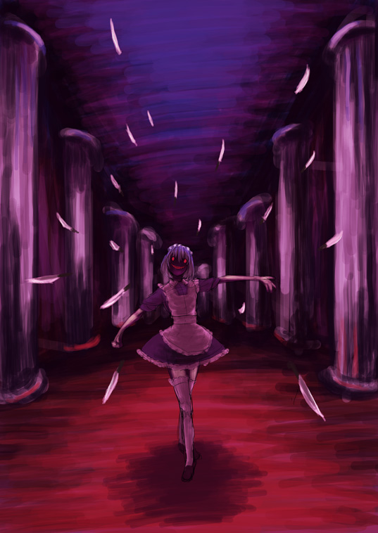 amazawa kazumi, izayoi sakuya, touhou, 1girl, evil grin, evil smile, female focus, glowing, glowing eyes, grin, hairband, indoors, knife, maid, red eyes, smile, solo, throwing knife, weapon