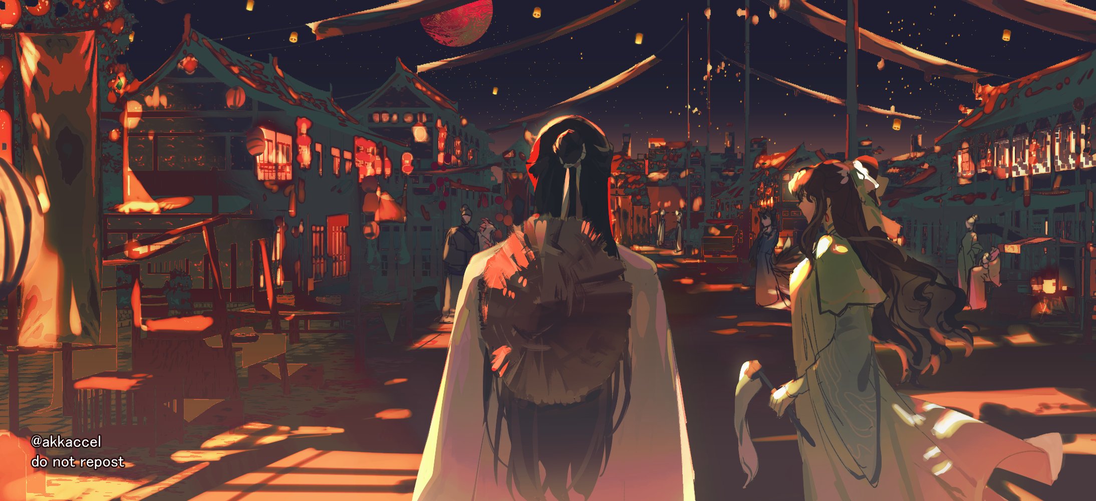 suto (sakumaaritsu), shi qingxuan, xie lian, tianguan cifu, highres, 1boy, 1girl, architecture, brown hair, chinese clothes, city, cityscape, earrings, from behind, green hanfu, hair bun, hair ribbon, half updo, hanfu, hanging lantern, hat, hat on back, hossu, jewelry, lantern, layered sleeves, long sleeves, moon, night, outdoors, people, red light, red moon, ribbon, rice hat, road, short over long sleeves, short sleeves, single hair bun, sketch, street, wavy hair, white hanfu, white ribbon