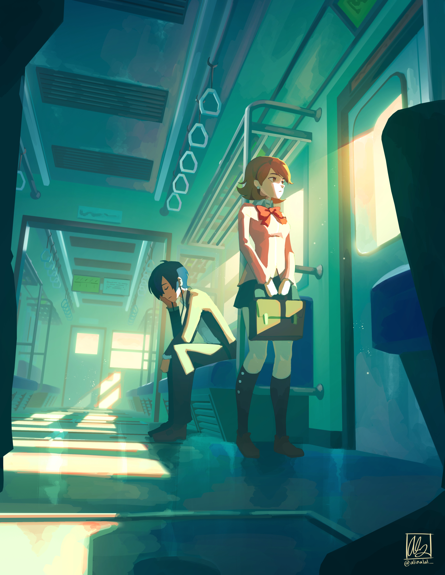alina l, takeba yukari, yuuki makoto (persona 3), persona, persona 3, commentary, english commentary, highres, 1boy, 1girl, bag, black jacket, black pants, black skirt, black socks, blue hair, bow, bowtie, brown eyes, brown hair, brown shoes, cardigan, choker, closed mouth, earphones, earrings, from side, full body, gekkoukan high school uniform, holding, holding bag, indoors, jacket, jewelry, kneehighs, long sleeves, looking outside, miniskirt, pants, pearl earrings, pink cardigan, pleated skirt, profile, red bow, red bowtie, school bag, school uniform, shoes, short hair, signature, sitting, skirt, socks, standing, stud earrings, sunlight, train interior, white choker, window