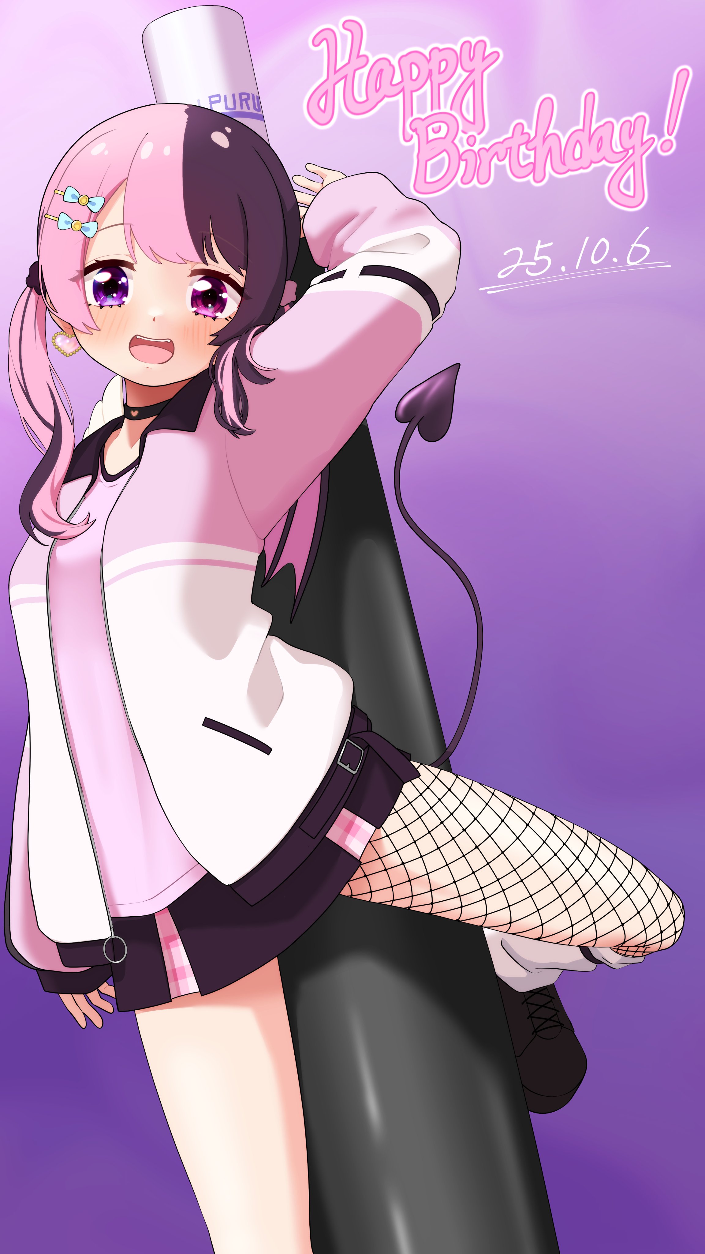 happyundergate, amaki pururu, reject (esports), absurdres, commentary request, highres, 1girl, :d, arm up, black choker, black hair, black shoes, blush, choker, dated, demon tail, earrings, fishnets, hair ornament, hairclip, happy birthday, heart, heart earrings, heterochromia, jacket, jewelry, long hair, long sleeves, looking at viewer, miniskirt, multicolored hair, open clothes, open jacket, open mouth, pink eyes, pink hair, pink shirt, purple background, purple eyes, shirt, shoes, single bare leg, skirt, smile, solo, tail, twintails, two-tone hair, virtual youtuber
