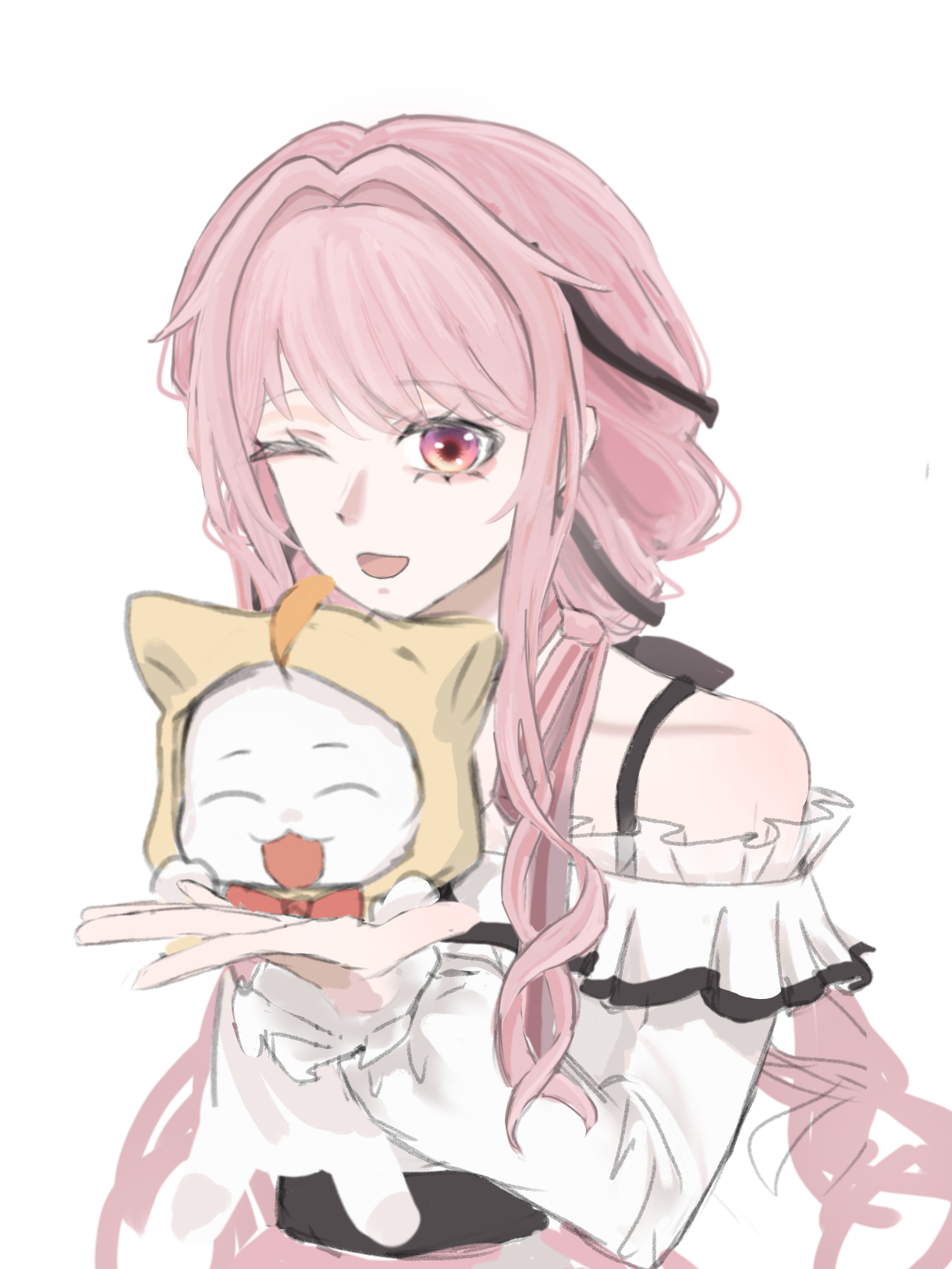 momo (nikki), nikki (nikki), perfect start (infinity nikki), infinity nikki, nikki (series), highres, 1girl, ^ ^, ahoge, animal, bare shoulders, belt, black belt, bow, bow choker, bowtie, bra strap, brown eyes, cat, choker, cloak, closed eyes, clothed animal, collarbone, cowboy shot, ear covers, eyelashes, frilled shirt, frilled sleeves, frills, hair intakes, happy, holding, holding animal, hood, hood up, hooded cloak, layered skirt, long hair, long sidelocks, long sleeves, looking at viewer, low twintails, off-shoulder shirt, off shoulder, one eye closed, open mouth, outstretched hand, pink bow, pink bowtie, pink choker, pink hair, pink skirt, puffy long sleeves, puffy sleeves, red bow, red bowtie, shirt, sidelocks, simple background, single stripe, skirt, smile, solo, standing, striped bow, striped bowtie, striped choker, striped clothes, traditional bowtie, twintails, very long hair, wavy hair, white background, white cat, white shirt, yaoyao75721, yellow cloak