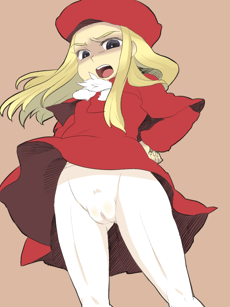 imoda, tonabe, belfraw martini, summon night, summon night 3, 1girl, black eyes, blonde hair, breasts, cameltoe, clitoral hood, covered erect nipples, dress, fat mons, female focus, female pubic hair, fingernails, no panties, open mouth, pantyhose, pubic hair, pussy, see-through clothes, small breasts, solo, sparse pubic hair, upskirt, white pantyhose, wind, wind lift