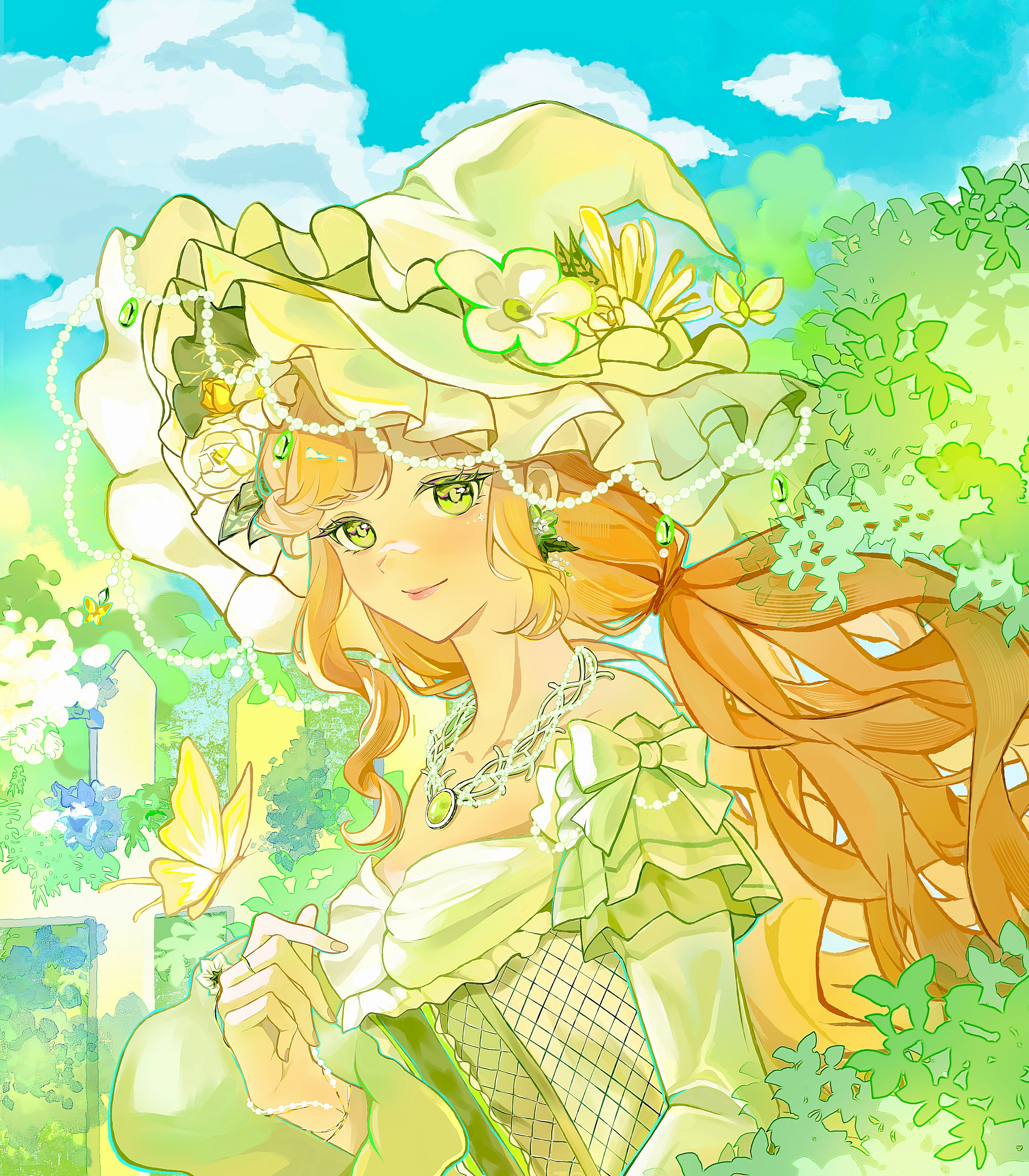 infinity nikki, nikki (series), absurdres, chinese commentary, commentary request, highres, 1girl, argyle clothes, argyle dress, bare shoulders, bead bracelet, bead necklace, beads, blue flower, blue sky, bow, bracelet, brown hair, bug, bush, butterfly, butterfly hat ornament, center frills, closed mouth, cloud, collarbone, day, dress, earrings, eyelashes, eyeshadow, fence, fingernails, fishnets, flower, flower earrings, flower ring, frilled dress, frilled headwear, frills, garden, gem, green bow, green dress, green eyes, green eyeshadow, green flower, green gemstone, green hat, hair flower, hair ornament, hair tie, hand on own chest, happy, hat, hat flower, hat ornament, insect, jewelry, layered sleeves, leaf, light blush, lipstick, long hair, long sleeves, low twintails, makeup, necklace, off-shoulder dress, off shoulder, outdoors, pink lips, pointy nose, rainfall & blossoms (infinity nikki), rose, short over long sleeves, short sleeves, sky, sleeve bow, smile, solo, swept bangs, twintails, upper body, wavy hair, white flower, white rose, witch, witch hat, yellow butterfly, yellow flower, yoyan