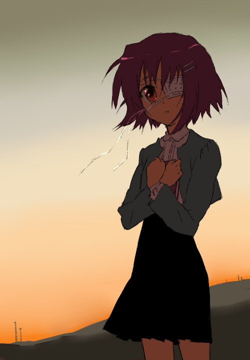 tanmomo, shindou chihiro, ef (visual novel), bad id, bad pixiv id, jpeg artifacts, 00s, 1girl, black skirt, blush, brown eyes, eyepatch, female focus, hands on own chest, long hair, long sleeves, looking at viewer, pink hair, short hair, skirt, solo, standing
