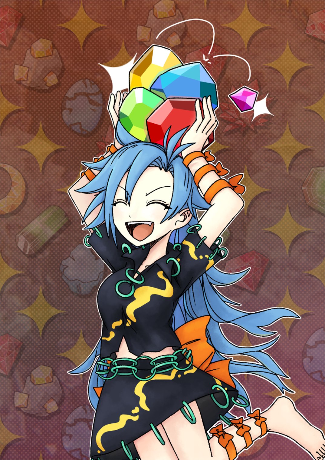 yoiy san, himemushi momoyo, touhou, highres, 1girl, arm ribbon, barefoot, black shirt, black skirt, blue gemstone, blue hair, closed eyes, collared shirt, fang, gem, green gemstone, hands up, happy, holding, holding gem, jewelry, leg ribbon, long hair, messy hair, multiple rings, open mouth, orange ribbon, parted bangs, polka dot, polka dot background, purple gemstone, red gemstone, ribbon, ring, shirt, short sleeves, skirt, smile, tongue, very long hair, waist ribbon, yellow gemstone