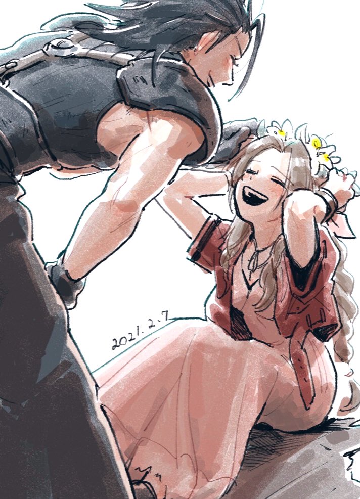shuumai 1022, aerith gainsborough, zack fair, crisis core final fantasy vii, final fantasy, final fantasy vii, final fantasy vii remake, 1boy, 1girl, armor, baggy pants, black gloves, black hair, braid, braided ponytail, brown hair, closed eyes, couple, dated, dress, facing another, feet out of frame, flower, gloves, hair ribbon, head wreath, jacket, leaning forward, long hair, open clothes, open jacket, open mouth, pants, parted bangs, pink dress, pink ribbon, ponytail, red jacket, ribbon, shoulder armor, simple background, sitting, sleeveless, sleeveless turtleneck, smile, spiked hair, standing, sweater, turtleneck, turtleneck sweater, white background, yellow flower