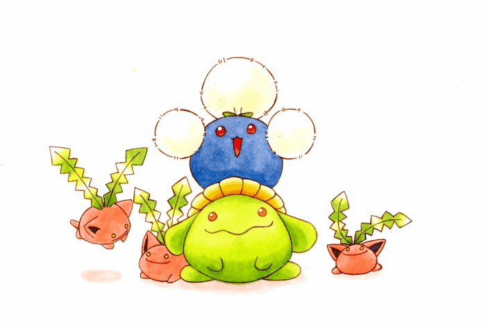 nekomiso, hoppip, jumpluff, skiploom, nintendo, pokemon, :d, evolutionary line, eye contact, gen 2 pokemon, looking at another, looking at viewer, no humans, open mouth, pokemon (creature), pokemon focus, red eyes, simple background, smile, white background