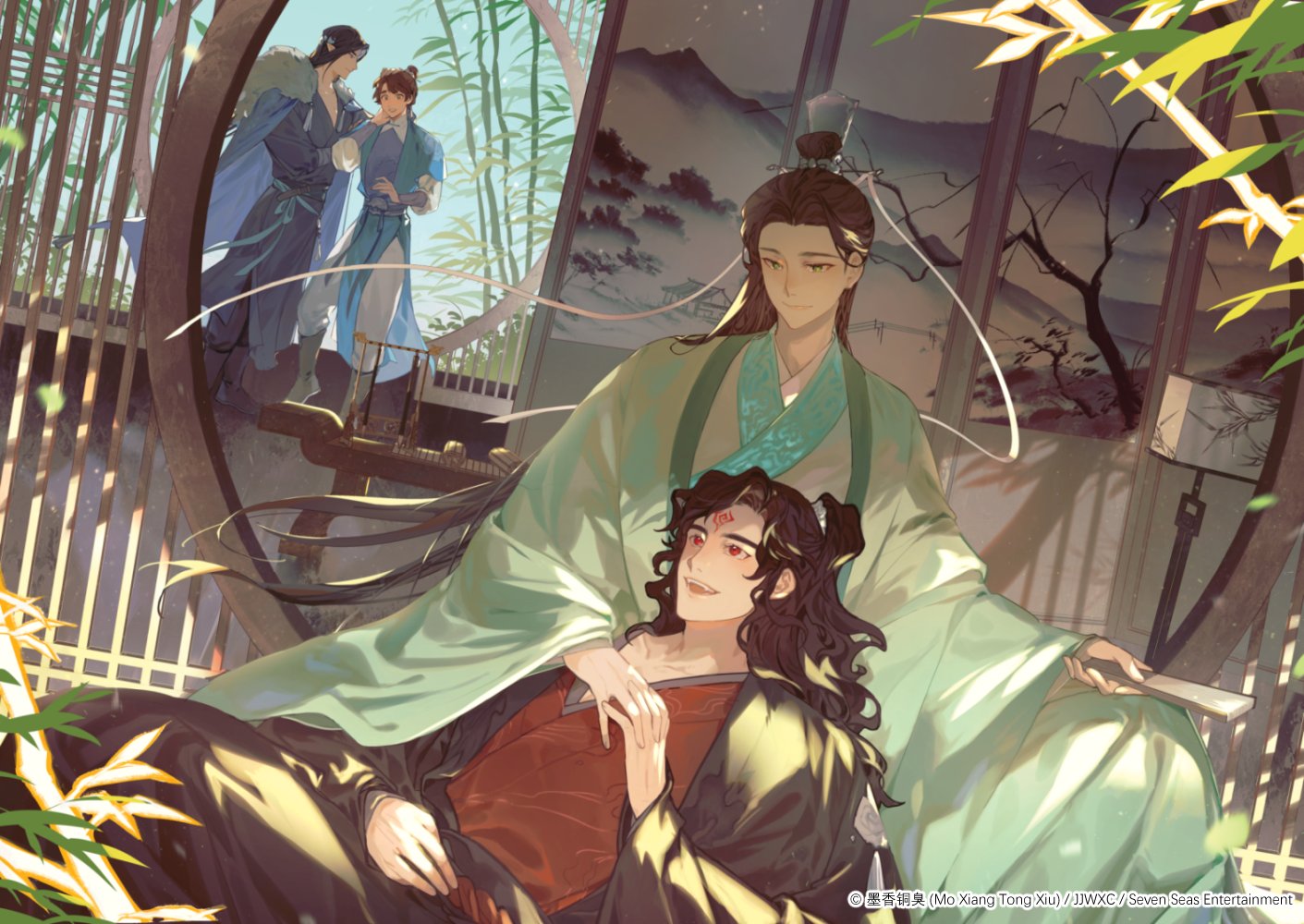 suto (sakumaaritsu), luo binghe, mobei jun, shang qinghua, shen qingqiu, zuiyin, renzha fanpai zijiu xitong, commentary, english commentary, official art, architecture, bamboo, black hair, black hanfu, blue hanfu, blue robe, brown hair, chinese clothes, chinese hairpin, curly hair, east asian architecture, facial mark, forehead mark, fur-trimmed robe, fur trim, green eyes, green hanfu, hair bun, hanfu, holding hands, indoors, lap pillow, long hair, male focus, multiple boys, painting (object), red eyes, red hanfu, ribbon, ribboned xiao guan, robe, smile, white ribbon, wide sleeves, xiao guan (headdress)