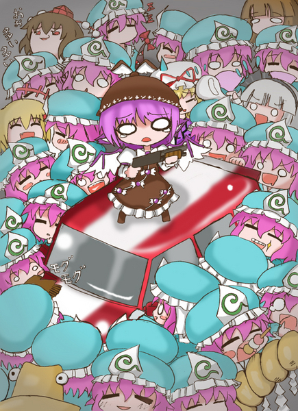 ibuki suika, konpaku youmu, moriya suwako, mystia lorelei, rumia, saigyouji yuyuko, shameimaru aya, yakumo yukari, yasaka kanako, capcom, dead rising, touhou, artist request, translated, 6+girls, blonde hair, dress, female focus, gap (touhou), gun, hat, multiple girls, parody, red eyes, shotgun, weapon, yukkuri shiteitte ne