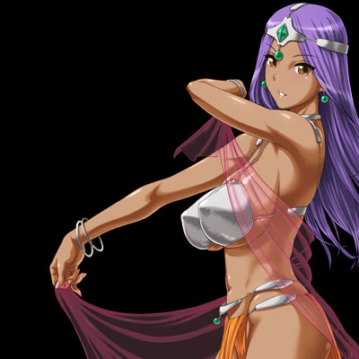 st.germain-sal, manya (dq4), chunsoft, dragon quest, dragon quest iv, enix, lowres, source request, armor, armpits, bikini armor, bracelet, breasts, brown eyes, choker, circlet, covered erect nipples, dark-skinned female, dark skin, earrings, gem, jewelry, large breasts, loincloth, long hair, nail polish, navel, profile, purple hair, see-through clothes, shawl, sideboob, simple background, smile, solo