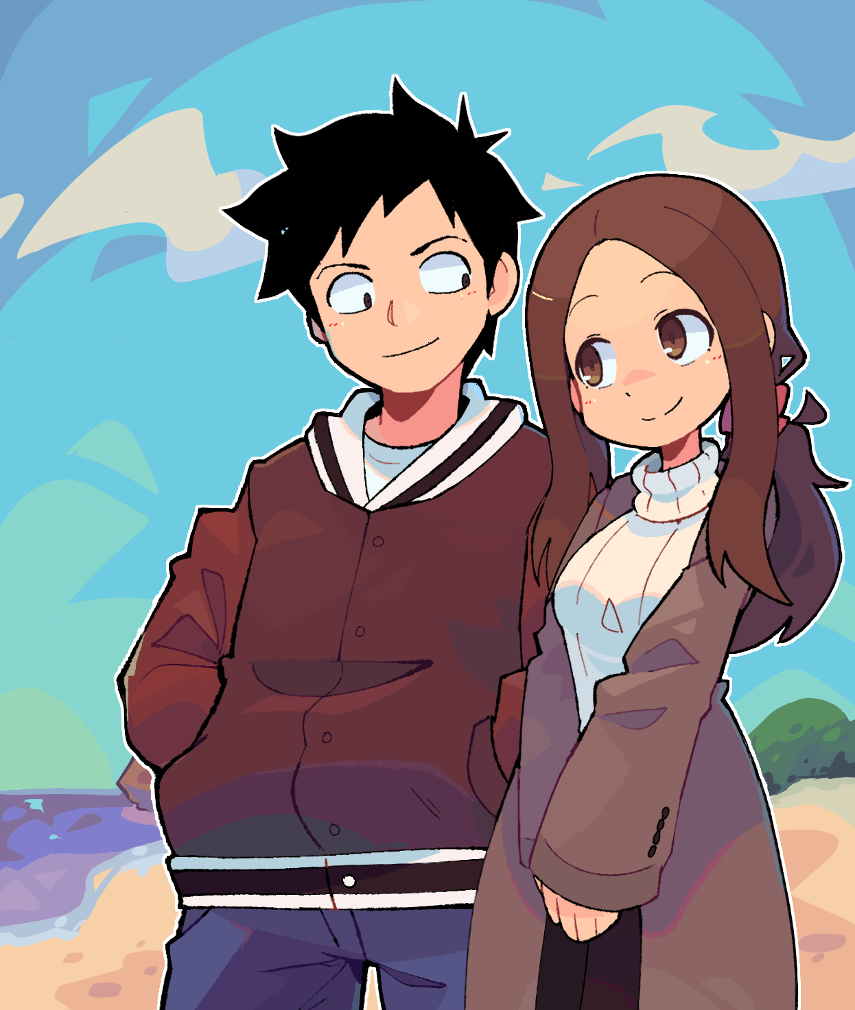 bacun, nishikata, takagi-san, karakai jouzu no takagi-san, highres, 1boy, 1girl, aged up, alternate costume, alternate hairstyle, beach, black eyes, black hair, blue sky, bow, brown coat, brown hair, brown jacket, closed mouth, coat, day, denim, hair bow, hands in pockets, jacket, jeans, long hair, long sleeves, looking at another, low ponytail, outdoors, pants, parted bangs, ponytail, red bow, ribbed sweater, short hair, sky, smile, sweater, turtleneck, turtleneck sweater, water, white sweater