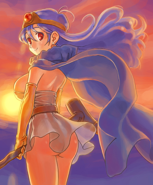 sage (dq3), chunsoft, dragon quest, dragon quest iii, enix, 1girl, ass, blue hair, breasts, cape, circlet, covered erect nipples, earrings, elbow gloves, female focus, from behind, gloves, jewelry, large breasts, red eyes, see-through clothes, solo, staff, sunset