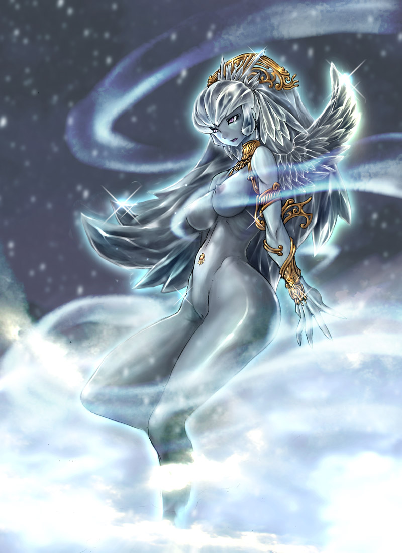 tomotsuka haruomi, shiva (final fantasy), final fantasy, final fantasy xi, 00s, 1girl, blue hair, blue skin, breasts, colored skin, covered erect nipples, female focus, long hair, outdoors, sky, solo