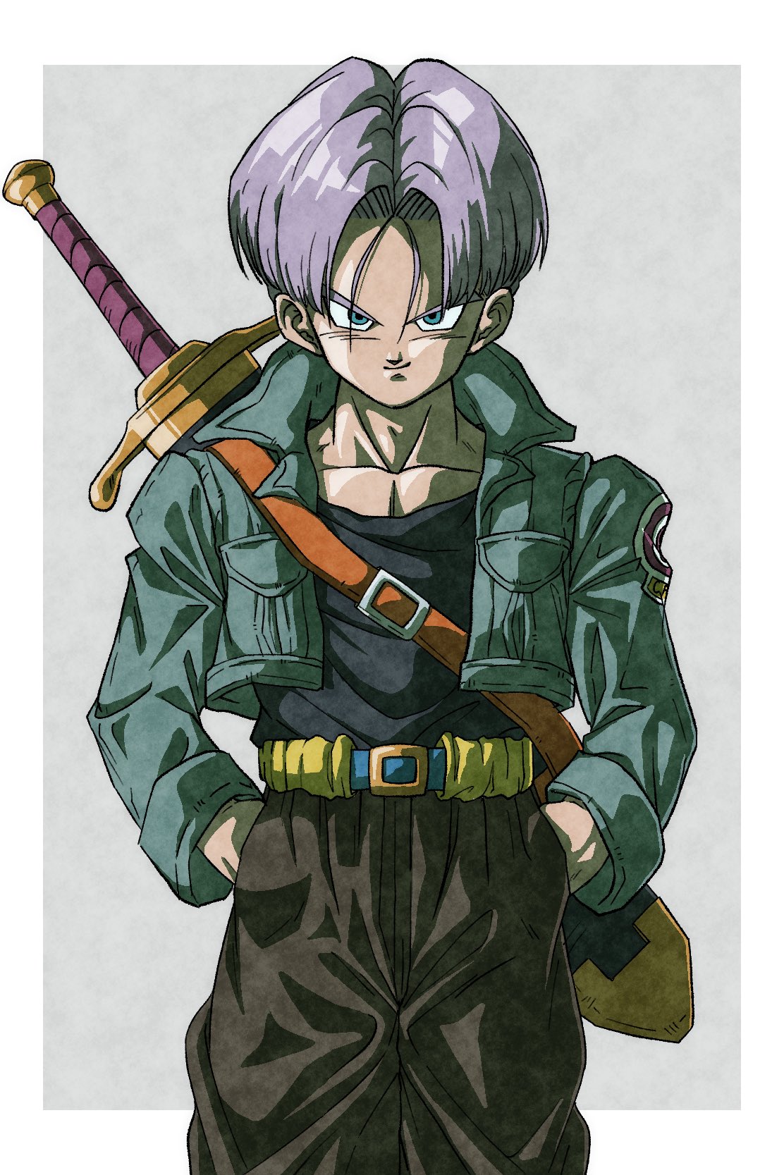 muma maximum76, trunks (dragon ball), trunks (future) (dragon ball), dragon ball, dragonball z, highres, 1boy, black shirt, blue eyes, blue jacket, border, cowboy shot, cropped jacket, grey background, hands in pockets, jacket, muscular, muscular male, outside border, purple eyes, shirt, short hair, simple background, solo, white border