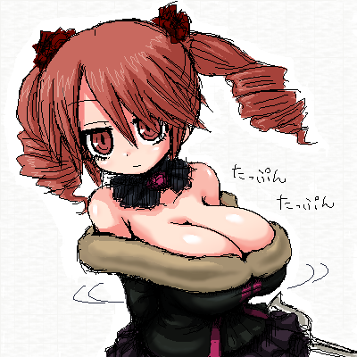 alexi (tits!), amy sorel, namco, soul calibur, soulcalibur, soulcalibur iv, lowres, 1girl, alternate breast size (larger), bare shoulders, blush, breasts, choker, cleavage, drill hair, female focus, fur trim, gothic lolita, huge breasts, large breasts, lolita fashion, looking at viewer, red eyes, red hair, short twintails, simple background, solo, twintails