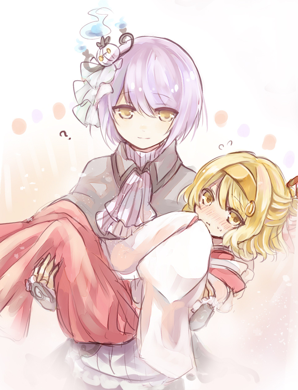 akikazekinoko, chandelure, nintendo, pokemon, character request, highres, 1boy, 1girl, ?, ascot, blush, carrying, character hair ornament, flying sweatdrops, gen 5 pokemon, hair ornament, hetero, japanese clothes, kimono, personification, princess carry, purple hair, red kimono, sketch, wide sleeves, yellow eyes