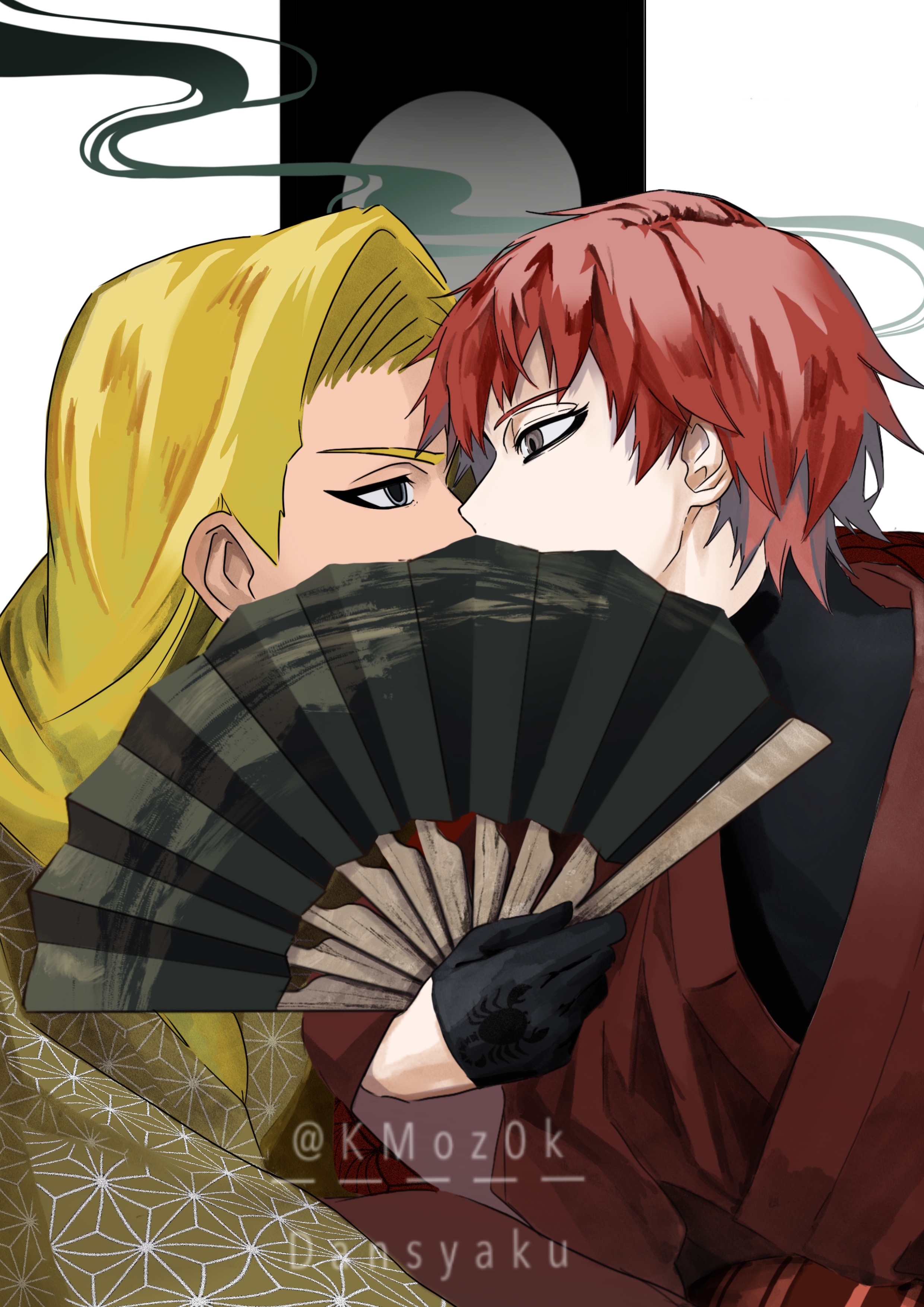 deidara (naruto), sasori (naruto), naruto (series), naruto shippuuden, absurdres, bad id, bad poipiku id, bad source, highres, 2boys, asymmetrical bangs, black gloves, black shirt, blue eyes, braid, brown eyes, dansyaku, eyeliner, floral print, gloves, hair over one eye, hand fan, implied kiss, implied yaoi, japanese clothes, kimono, looking at another, makeup, male focus, multiple boys, official alternate costume, paper fan, red kimono, shirt, side braid, simple background, single braid, smoke, yellow kimono, yukata