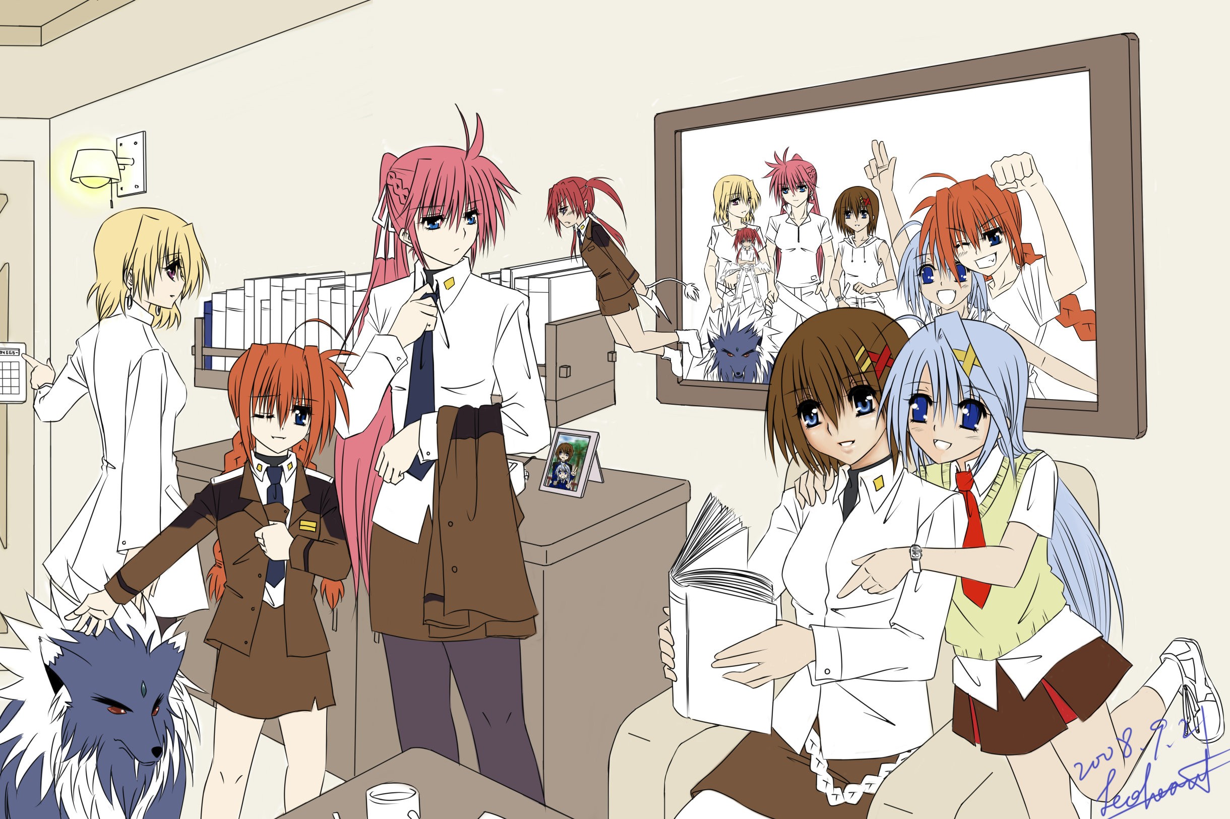 agito, agito (nanoha), reinforce zwei, shamal, signum, vita (nanoha), yagami hayate, zafira, lyrical nanoha, mahou shoujo lyrical nanoha, mahou shoujo lyrical nanoha strikers, highres, 00s, 6+girls, blonde hair, flat color, military, military uniform, mini person, minigirl, multiple girls, pantyhose, school uniform