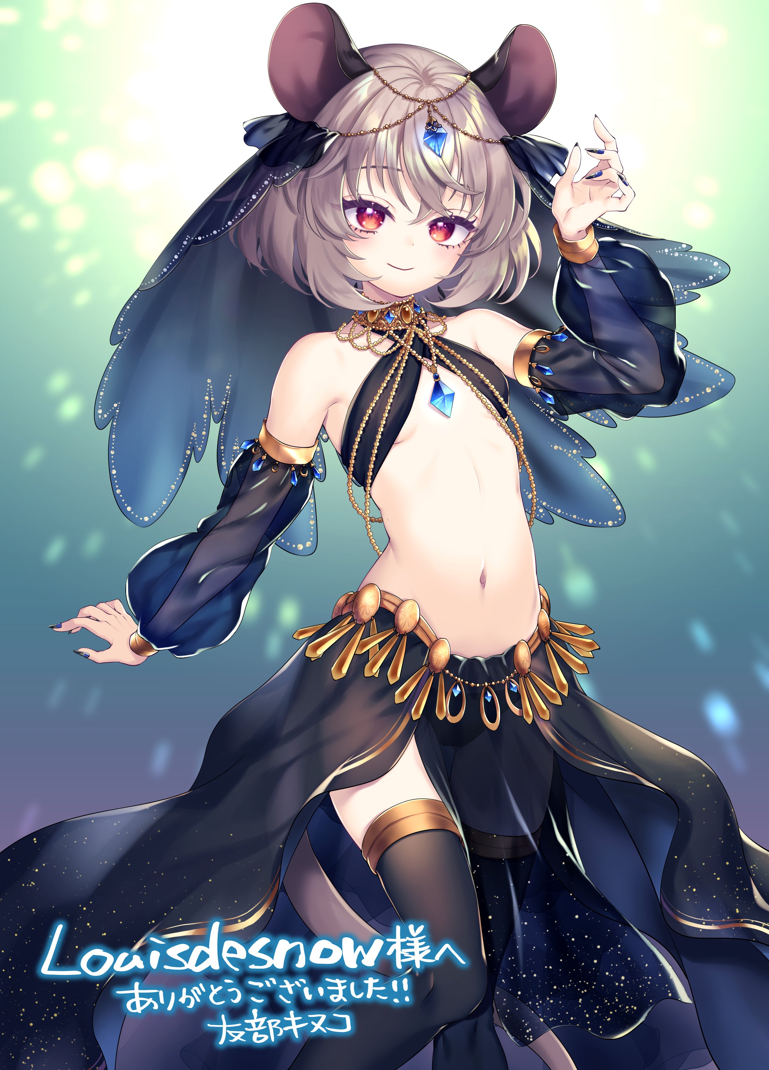 tomobe kinuko, nazrin, touhou, absurdres, commentary, commission, highres, second-party source, skeb commission, 1girl, alternate costume, animal ears, arm at side, arm up, bare shoulders, black thighhighs, blue nails, breasts, closed mouth, commissioner name, cowboy shot, crossed bangs, dancer, detached sleeves, grey hair, harem outfit, jewelry, loincloth, looking at viewer, mouse ears, nail polish, navel, red eyes, short hair, small breasts, smile, solo, stomach, thighhighs