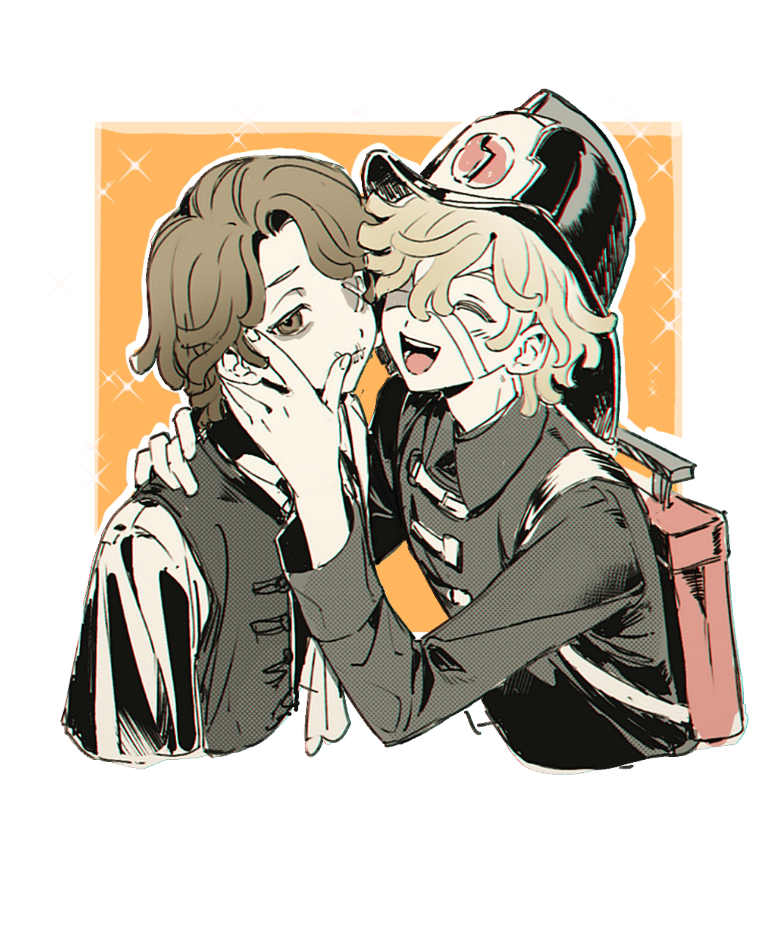 florian brand, matthias czernin, identity v, highres, 2boys, :d, bags under eyes, bandage on face, bandage over one eye, bandages, blonde hair, border, brown eyes, brown hair, canister, closed eyes, collared shirt, curtained hair, fang, fire helmet, hand on another's face, hand on another's shoulder, hat, heads together, holding, jacket, long sleeves, looking at viewer, messy hair, multiple boys, one-eyed, one eye closed, open mouth, outside border, shirt, shizuka0217, short hair, smile, sparkle, stitched eye, stitched mouth, stitches, strap, tunic, upper body, wavy hair, white border, white shirt