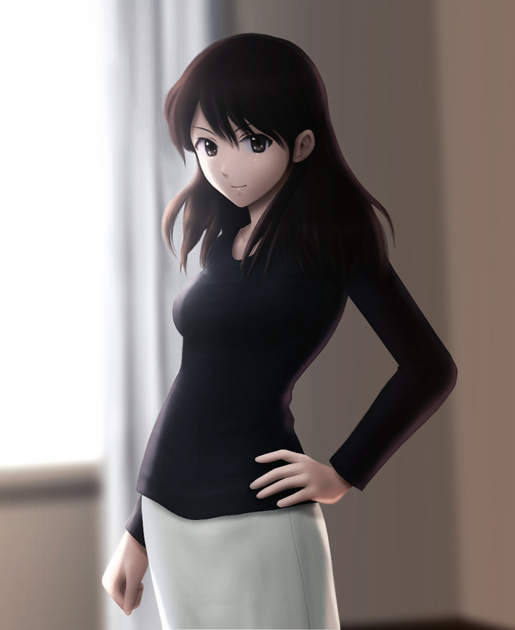 siraha, kayoko, uchida kayoko, tentai senshi sunred, bad id, bad pixiv id, 00s, 1girl, brown eyes, brown hair, female focus, hands on own hips, long hair, long skirt, pencil skirt, skirt, solo