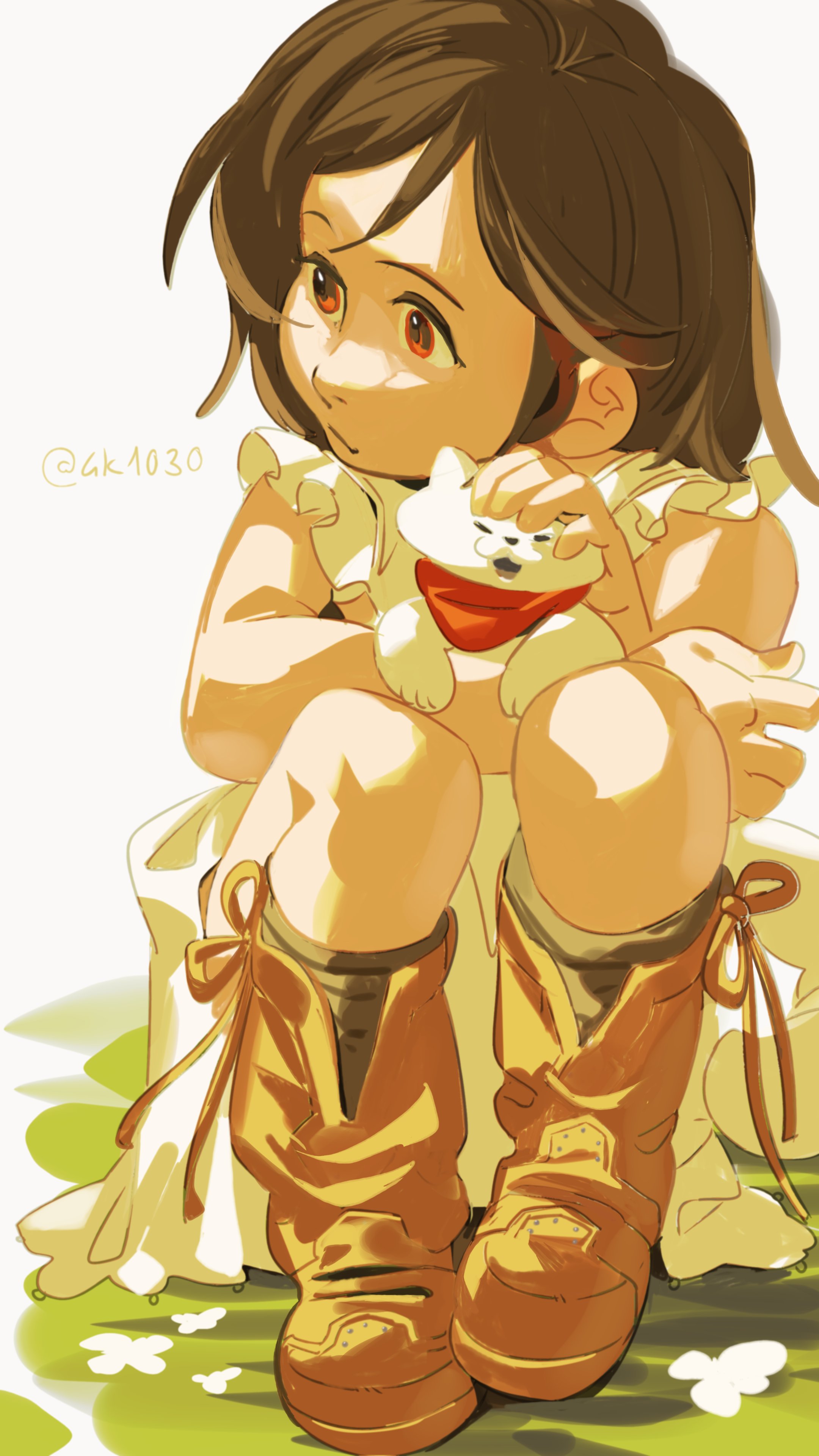 4k1030, maru (ff7), tifa lockhart, final fantasy, final fantasy vii, final fantasy vii remake, absurdres, highres, 1girl, aged down, animal, bandana, bare arms, black hair, boots, brown boots, cat, closed mouth, cowboy boots, dress, frilled dress, frills, headpat, knees, knees up, long hair, looking to the side, red bandana, red eyes, simple background, sitting, sleeveless, sleeveless dress, straight-on, twitter username, white cat, white dress