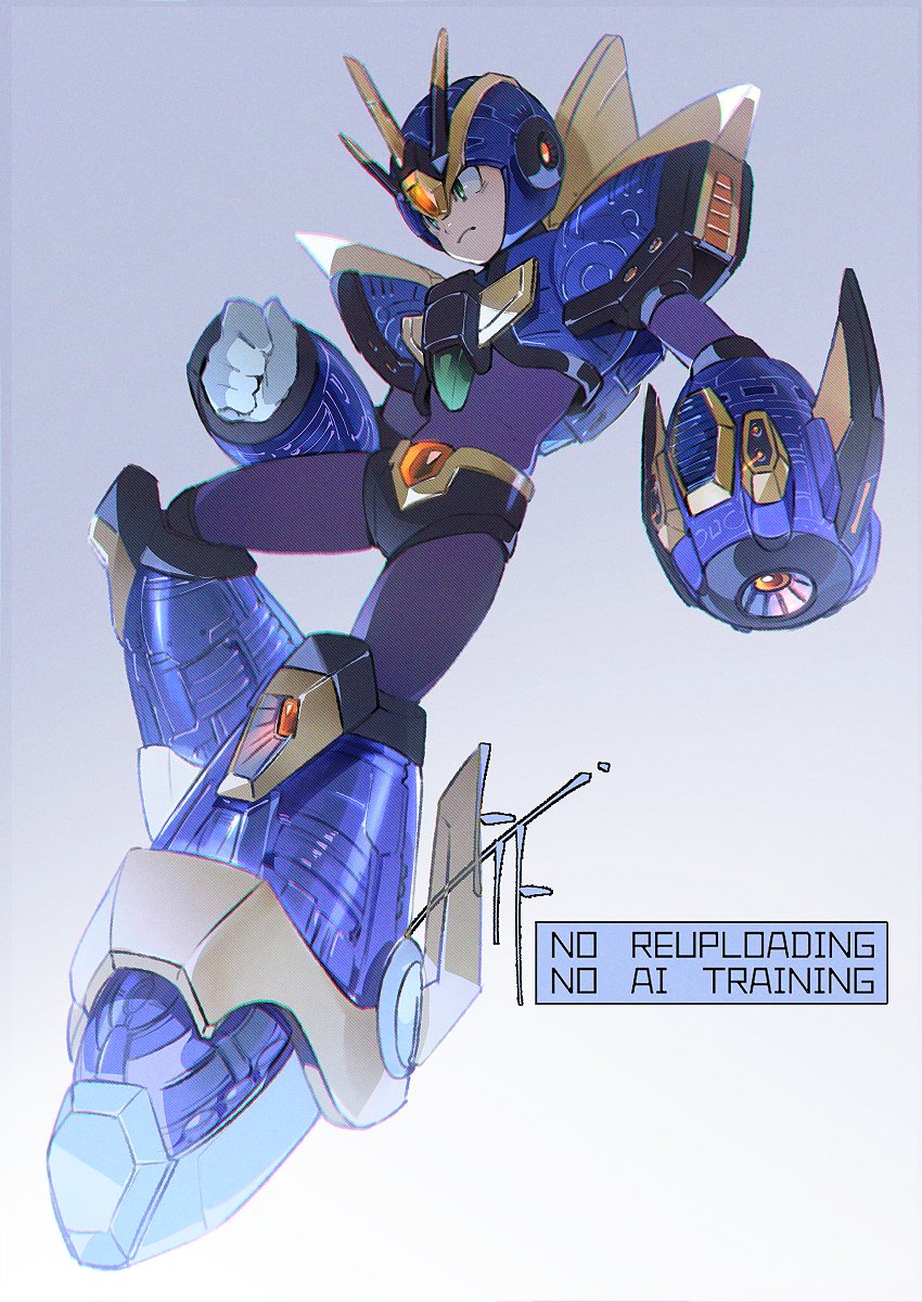to i to io, ultimate armor x (mega man), x (mega man), mega man (series), mega man x4, mega man x (series), highres, 1boy, arm cannon, armor, blue armor, blue helmet, forehead jewel, full body, green eyes, grey background, helmet, simple background, solo, weapon
