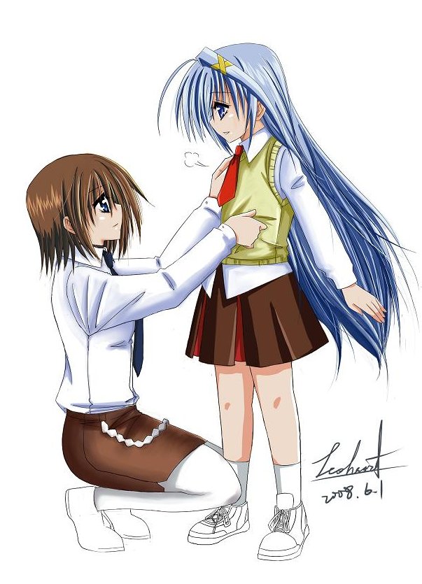 reinforce zwei, yagami hayate, lyrical nanoha, mahou shoujo lyrical nanoha, jpeg artifacts, 00s, 2girls, dated, hair ornament, military, military uniform, multiple girls, pantyhose, school uniform, signature, white pantyhose, x hair ornament