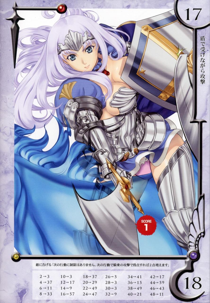 eiwa, ambrosius, annelotte, knight princess annelotte, queen's blade, queen's blade rebellion, highres, 00s, 10s, 1girl, annelotte (queen's blade), armor, armored dress, blue eyes, breasts, cleavage, dress, elbow gloves, female focus, frilled panties, frills, gloves, horse, large breasts, long hair, navel, panties, purple hair, purple panties, shield, smile, solo, sword, thighhighs, tiara, underwear, weapon
