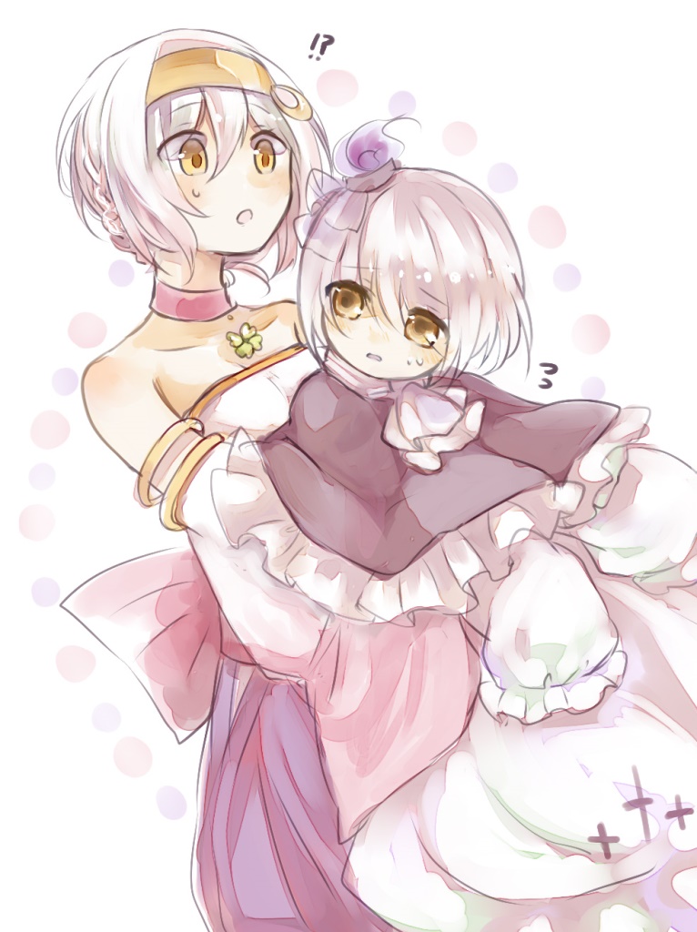 akikazekinoko, litwick, nintendo, pokemon, character request, !?, 1boy, 1girl, bare shoulders, blush, carrying, choker, gen 5 pokemon, grey hair, hair between eyes, headband, personification, short hair, sweatdrop, white background, yellow eyes, yellow headband