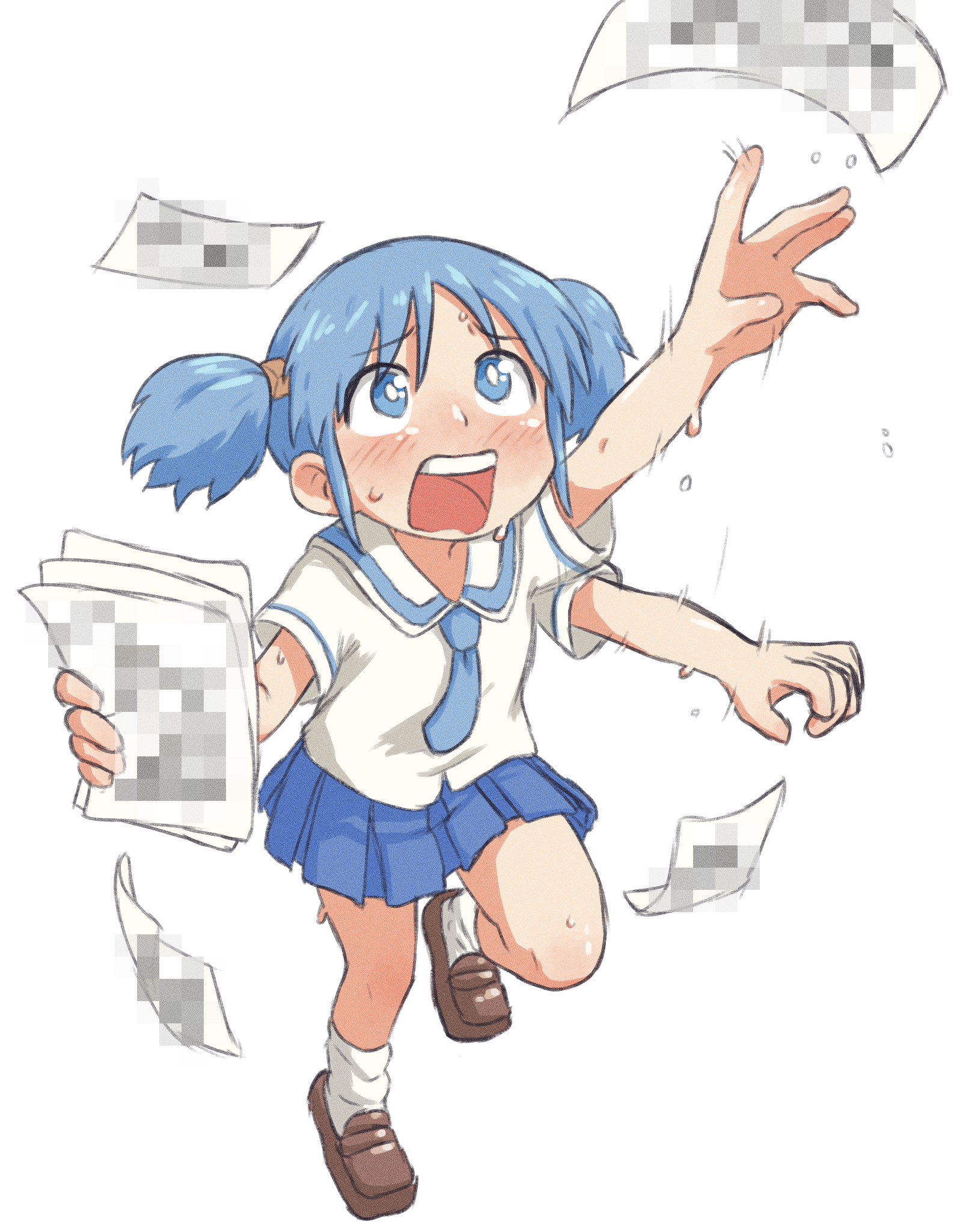 beachepisode, naganohara mio, nichijou, highres, 1girl, arm up, blue eyes, blue hair, blue necktie, blue skirt, blush, bright pupils, brown shoes, censored, cube hair ornament, hair ornament, holding, holding paper, loafers, mosaic censoring, necktie, open mouth, paper, pleated skirt, scene reference, school uniform, shoes, short hair, short sleeves, short twintails, skirt, socks, solo, sweat, teeth, tokisadame school uniform, tongue, twintails, upper teeth only, white pupils, white socks