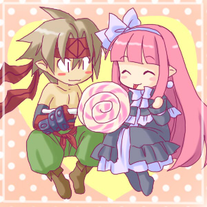 karina, mage (disgaea), male warrior (disgaea), warrior (disgaea), disgaea, makai senki disgaea, makai senki disgaea 2, makai senki disgaea 3, nippon ichi, lowres, 00s, 1boy, 1girl, blush, boots, bow, candy, demon boy, demon girl, dress, gloves, hair bow, hairband, headband, long hair, pants, pink eyes, pink hair, pointy ears, smile, tongue, very long hair