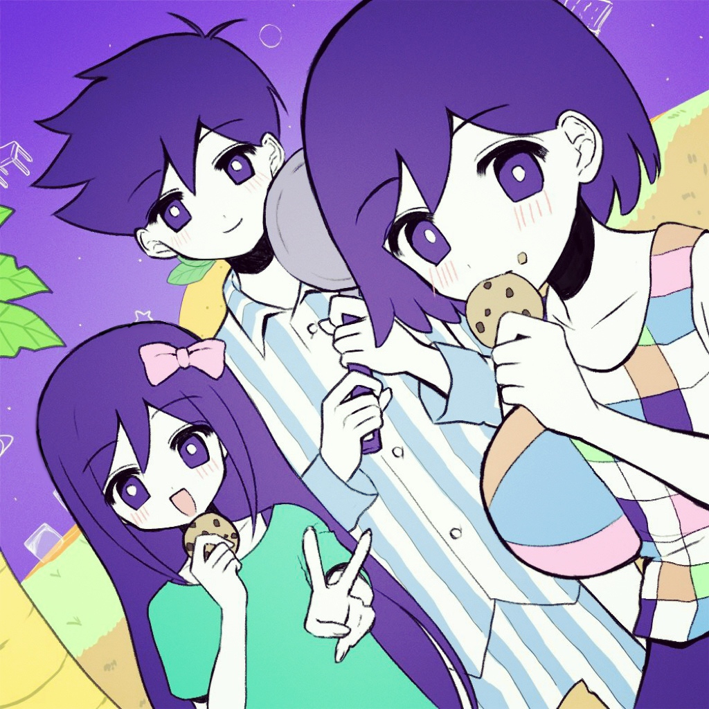 true erg, aubrey (headspace) (omori), aubrey (omori), hero (headspace) (omori), hero (omori), kel (headspace) (omori), kel (omori), omori, 1girl, 2boys, :d, antenna hair, blue pants, blue shirt, bow, brothers, buttons, checkered clothes, checkered shirt, chocolate chip cookie, closed mouth, collarbone, collared shirt, cookie, cowboy shot, double-parted bangs, dutch angle, eating, faux retro artstyle, flat color, food, food on face, frying pan, green shirt, hair behind ear, hair between eyes, hair bow, holding, holding cookie, holding food, holding frying pan, in-universe location, light blush, long hair, long sleeves, looking at viewer, multiple boys, open mouth, outdoors, palm tree, pants, pink bow, purple eyes, purple hair, purple pants, purple sky, shirt, short hair, short sleeves, siblings, sidelocks, simple background, sky, sleeveless, sleeveless shirt, smile, straight hair, striped clothes, striped pants, striped shirt, tree, two-tone pants, two-tone shirt, upper body, v, vertical-striped clothes, vertical-striped pants, vertical-striped shirt, very long hair, very short hair, white pants, white shirt