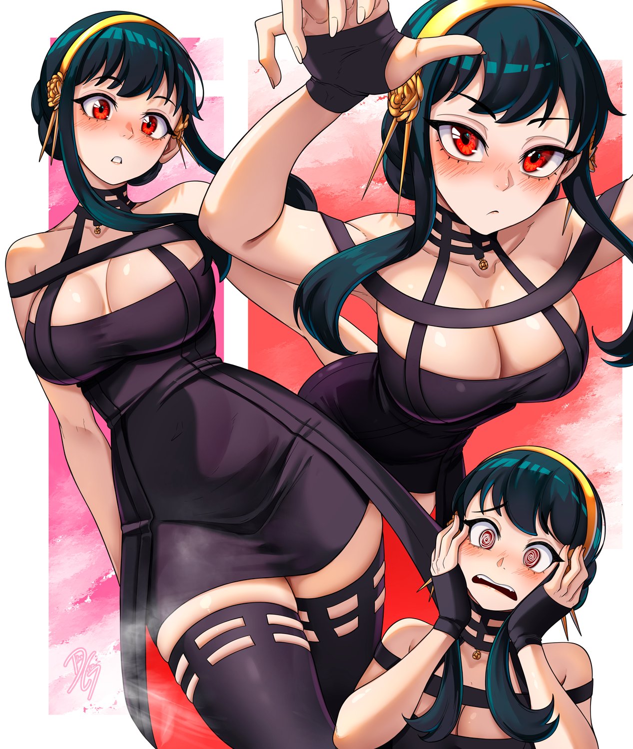 dilan griz, yor briar, spy x family, commentary, highres, 1girl, bare shoulders, black dress, black gloves, black hair, blush, breasts, choppy bangs, cleavage, closed mouth, collarbone, dress, embarrassed, fingerless gloves, gloves, gold hairband, hairband, hand up, hands on own cheeks, hands on own face, large breasts, looking at viewer, multiple views, nose, open mouth, red eyes, short hair with long locks, sleeveless, sleeveless dress, swept bangs, taut clothes, taut dress, thighhighs, white thighhighs
