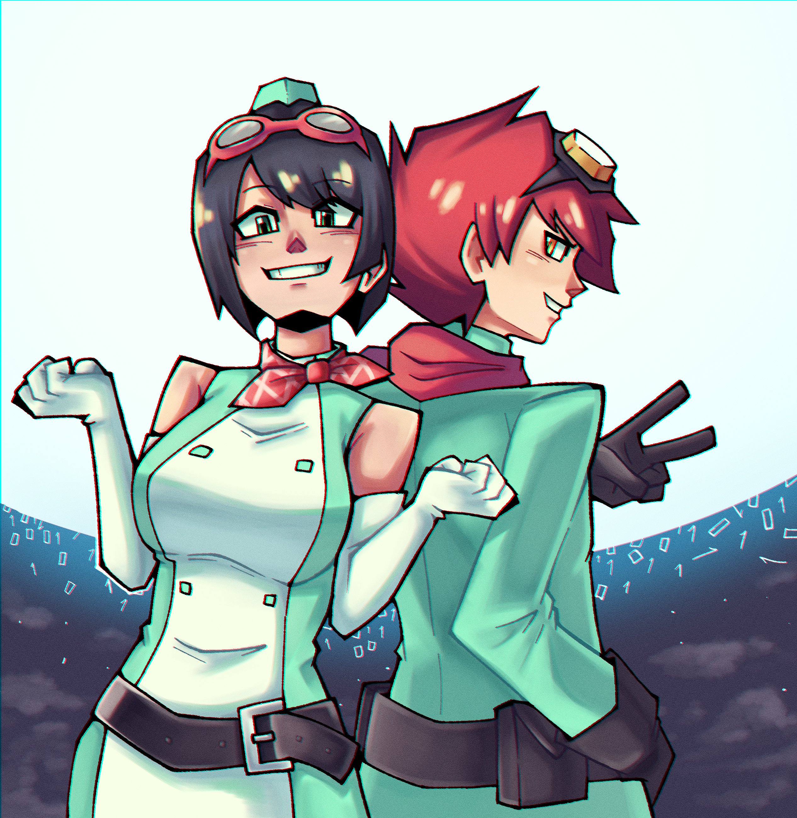 yuuki dan, yuuki kanan, digimon, digimon story: time stranger, absurdres, highres, 1boy, 1girl, bare shoulders, black gloves, black hair, breasts, brown hair, cowboy shot, digimon (creature), dress, elbow gloves, gloves, goggles, goggles on head, green dress, green jacket, jacket, large breasts, n n4cho, red scarf, scarf, short hair, two-tone dress, v, white dress, white gloves