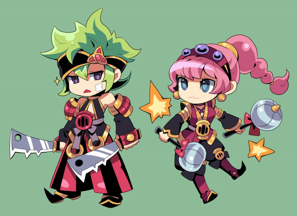 asgard, nexon, artist request, official art, second-party source, 1boy, 1girl, :3, armor, asura (asgard), baggy pants, bandaid, bandaid on cheek, bandaid on face, bare shoulders, black headband, black pants, black sleeves, blue eyes, boots, braid, braided ponytail, breasts, choker, cleavage, closed mouth, cross-laced armwear, cross-laced clothes, cross-laced top, detached sleeves, dual persona, dual wielding, earrings, elbow gloves, full body, gauntlets, gem, gloves, gold earrings, gold hair tie, gold hairband, gold trim, green hair, grey ribbon, hair tie, hairband, headband, high ponytail, holding, holding sword, holding weapon, jewelry, knee boots, legs apart, long hair, looking to the side, medium breasts, o-ring, obi, open mouth, pants, pauldrons, ponytail, purple eyes, purple gemstone, purple pupils, purple sash, red armor, red choker, red gemstone, red hairband, red pants, red shirt, red sleeves, sash, shirt, short hair, short sleeves, shoulder armor, simple background, smile, standing, striped clothes, striped pants, sword, triangle mouth, two-tone pants, vertical-striped clothes, vertical-striped pants, weapon