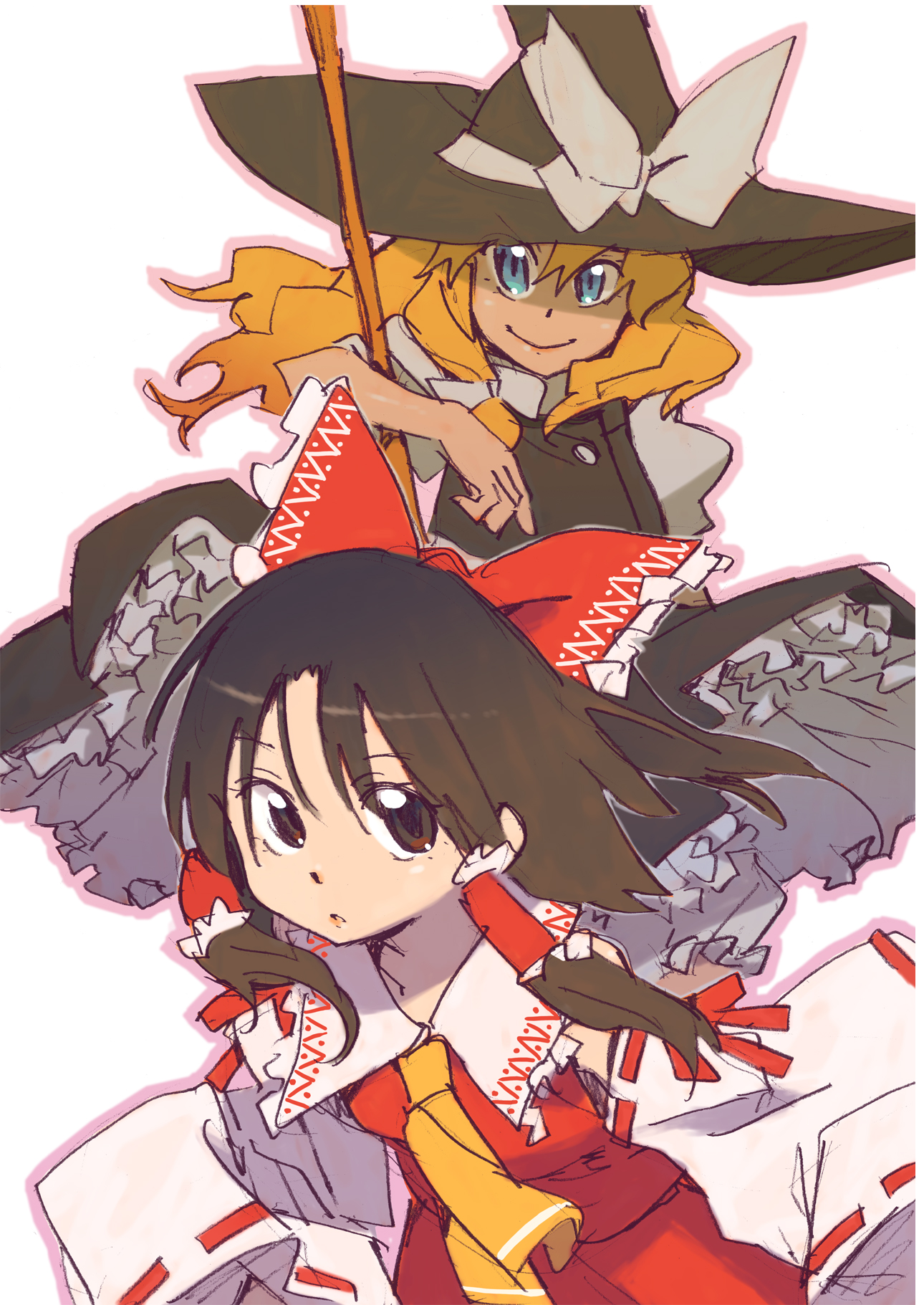 katou haruaki, hakurei reimu, kirisame marisa, touhou, highres, 2girls, blonde hair, blue eyes, brown eyes, brown hair, female focus, hat, long hair, multiple girls, smile, witch, witch hat