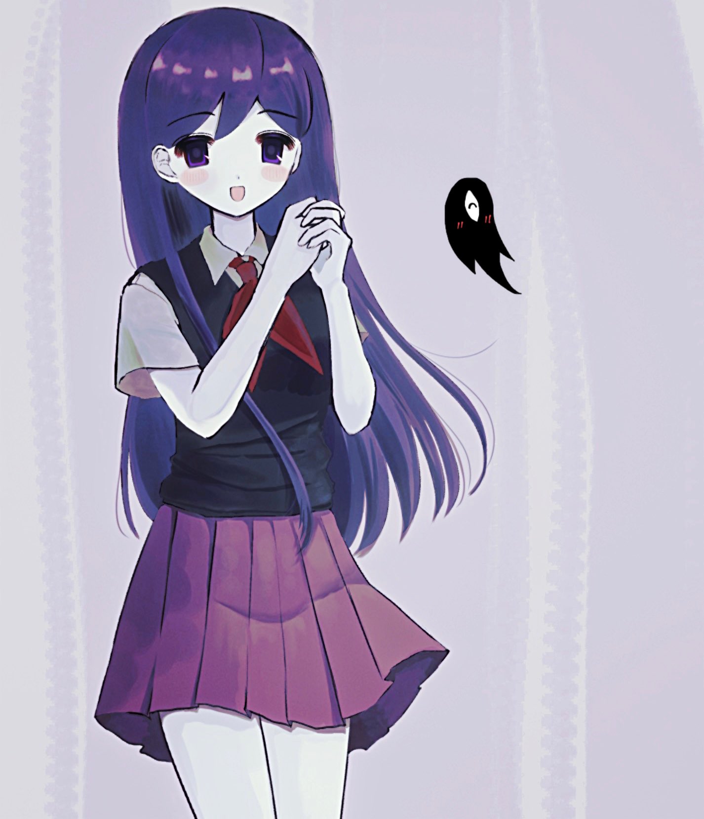 true erg, mari (headspace) (omori), mari (omori), something (omori), omori, highres, spoilers, 1girl, black sweater vest, blush, collared shirt, colored skin, double-parted bangs, hair between eyes, long hair, looking at viewer, neckerchief, open mouth, pleated skirt, purple eyes, purple hair, red neckerchief, red skirt, shirt, short sleeves, skirt, smile, solo, sweater vest, white shirt, white skin