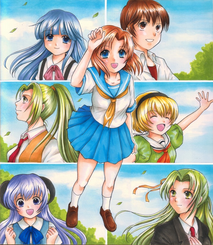 gintarou (puipuiginta), furude rika, hanyuu, houjou satoko, maebara keiichi, ryuuguu rena, sonozaki mion, sonozaki shion, higurashi no naku koro ni, bad id, bad pixiv id, 00s, 1boy, 6+girls, blonde hair, blue eyes, blue hair, blunt bangs, blush, bow, brown hair, day, green hair, hair ribbon, hairband, happy, hime cut, horns, long hair, looking at viewer, looking up, multiple girls, open mouth, pink bow, ponytail, purple eyes, purple hair, ribbon, school uniform, serafuku, short hair, siblings, sisters, sky, smile, tree, twins, wind