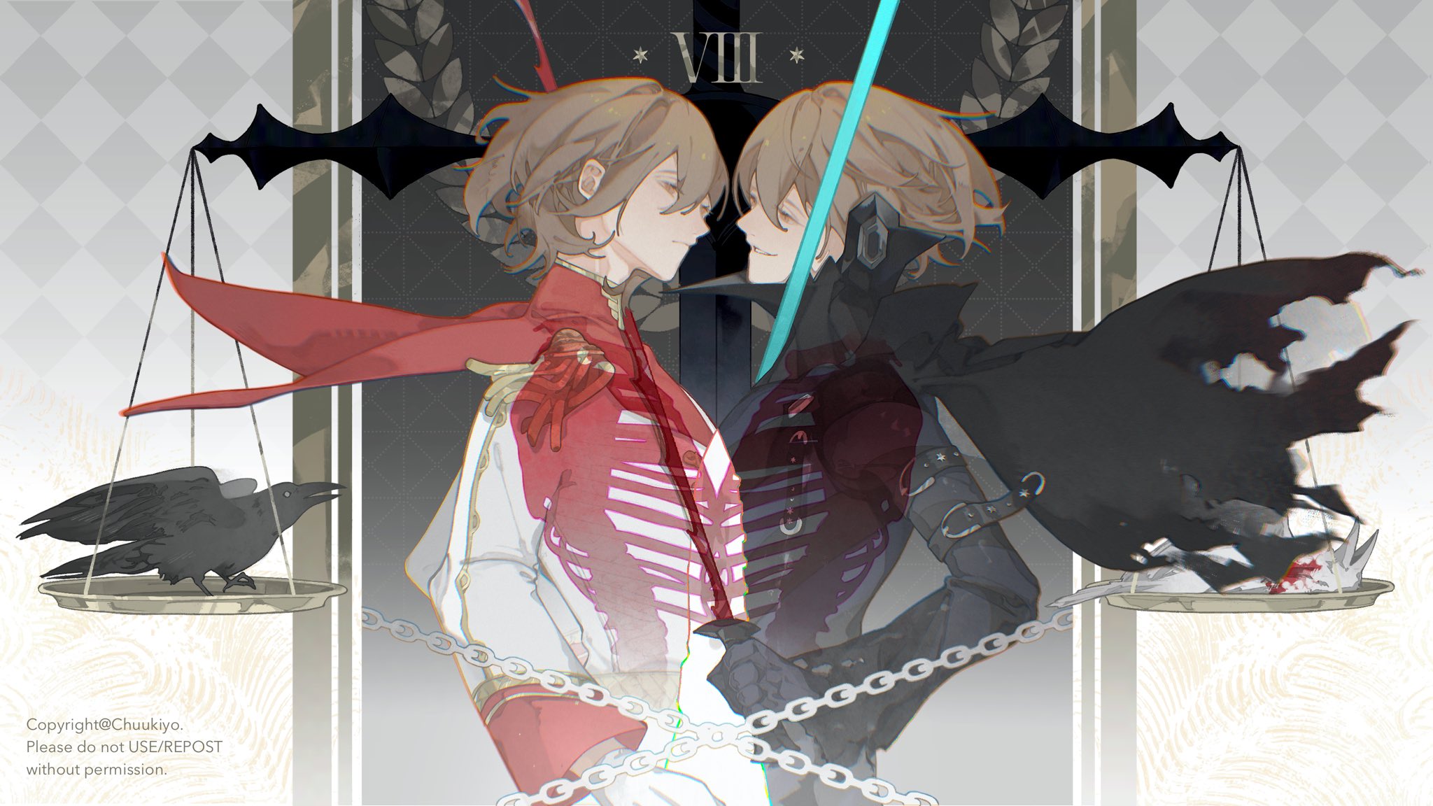 akechi gorou, black mask (persona 5), crow (persona 5), persona, persona 5, commentary request, highres, 2boys, argyle background, balance scale, bird, black bird, black bodysuit, black cape, blood, bodysuit, brown eyes, brown hair, cape, chain, chromatic aberration, chuukiyo, closed mouth, cowboy shot, crow, dual persona, epaulettes, facing another, frown, gloves, hair between eyes, head tilt, high collar, holding, holding sword, holding weapon, jacket, long sleeves, looking at another, male focus, multiple boys, no mask, parted lips, red cape, ribs, roman numeral, short hair, smile, striped bodysuit, sword, torn cape, torn clothes, weapon, weighing scale, white bird, white gloves, white jacket