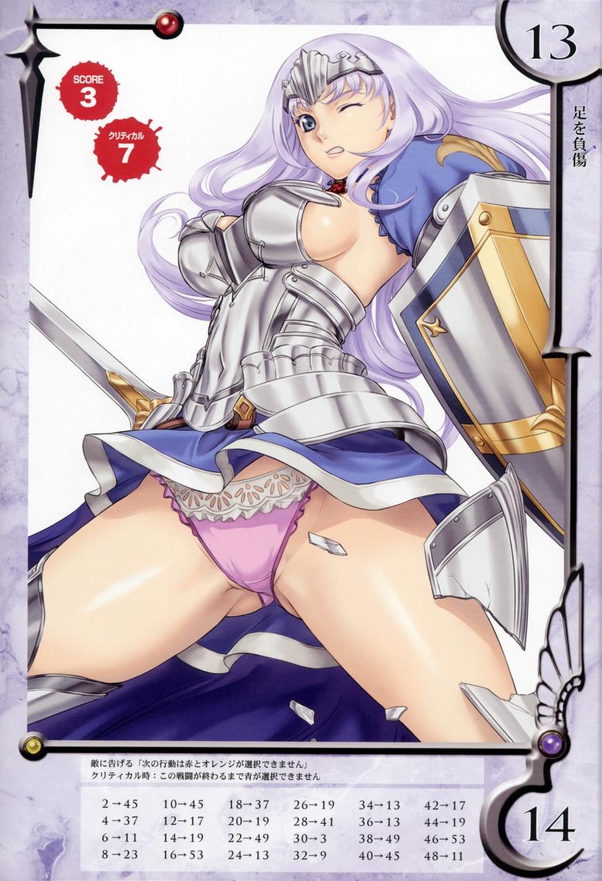 eiwa, annelotte, knight princess annelotte, queen's blade, queen's blade rebellion, highres, 00s, 10s, 1girl, annelotte (queen's blade), armor, armored dress, blue eyes, breasts, dress, elbow gloves, female focus, gloves, large breasts, long hair, one eye closed, panties, purple hair, purple panties, shield, sideboob, solo, sword, thighhighs, tiara, underwear, wardrobe malfunction, weapon, wink