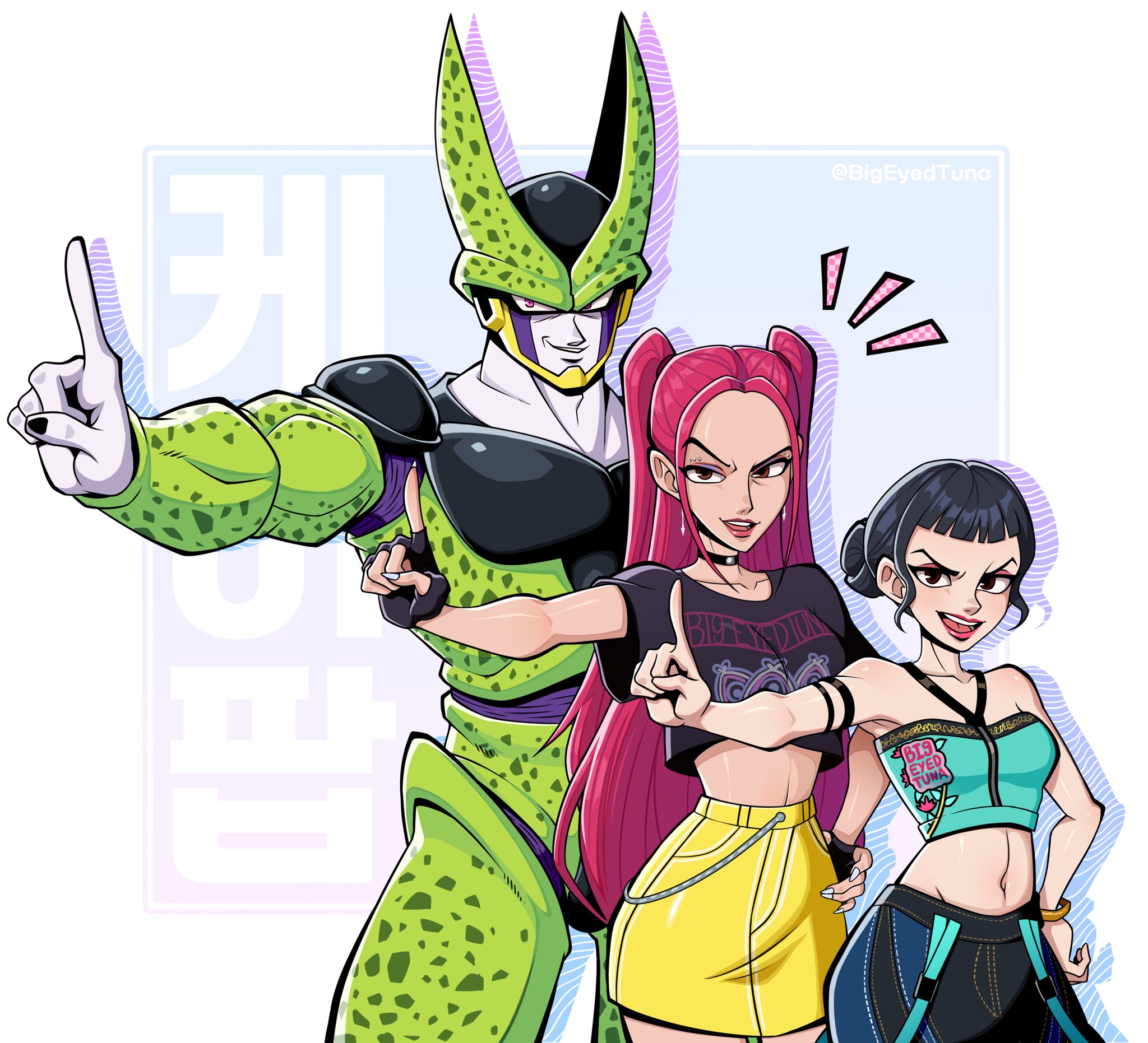 cell (dragon ball), kpop demon hunters, character request, highres, 1boy, 2girls, bare shoulders, bigeyedtuna, black gloves, black hair, black shirt, blue tube top, breasts, collarbone, cropped shirt, crossover, fingerless gloves, gloves, long hair, medium breasts, multiple girls, red hair, shirt, shorts, simple background, strapless, tube top, two side up, white background, yellow shorts