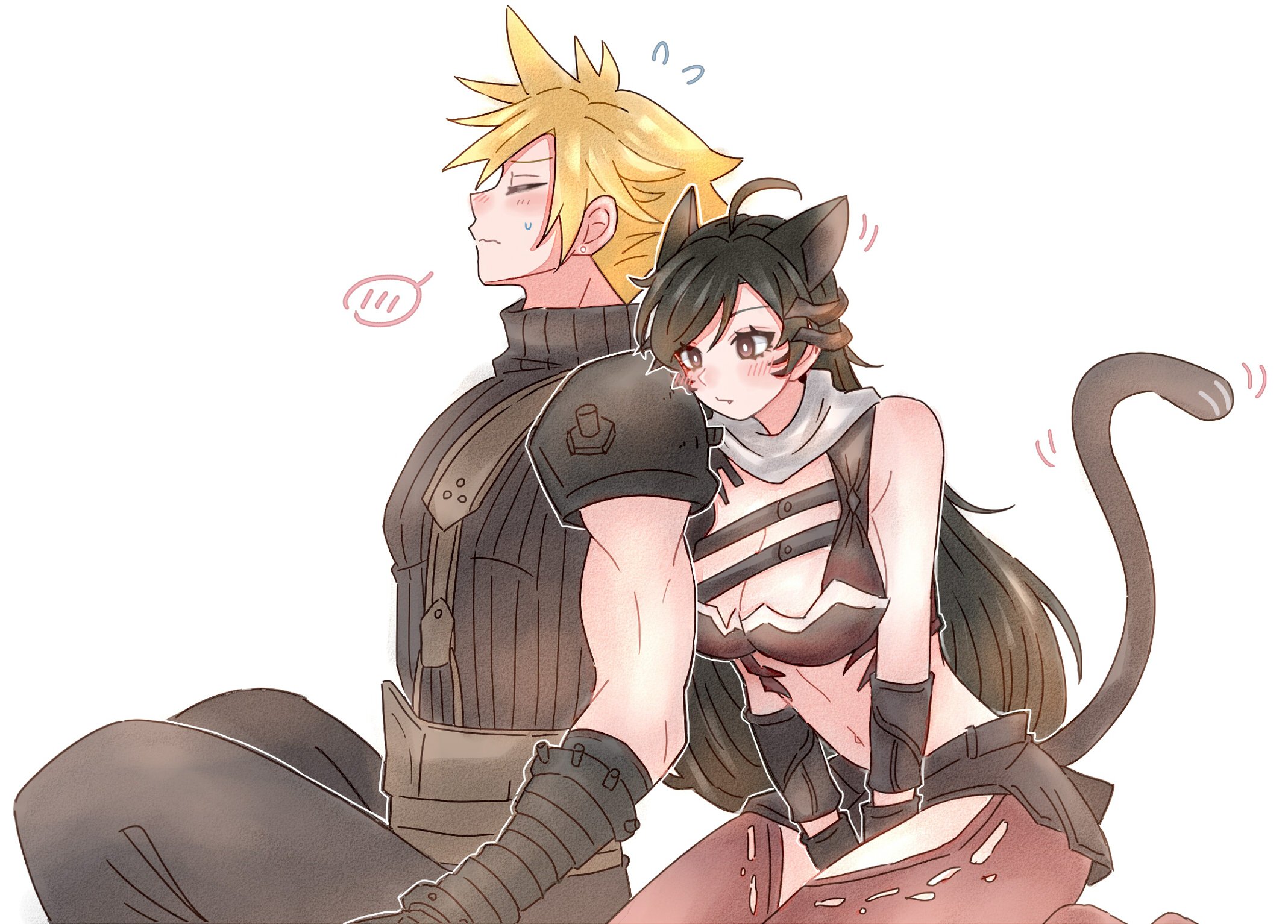 7 (milu577610), cloud strife, tifa lockhart, tifa lockhart (armor of the worthy), final fantasy, final fantasy vii, final fantasy vii ever crisis, commentary, highres, symbol-only commentary, 1boy, 1girl, animal ears, armor, arms between legs, bare shoulders, black hair, black pants, black sweater, blonde hair, blush, breasts, brown eyes, cat ears, cat tail, cleavage, closed eyes, closed mouth, crop top, fang, feet out of frame, flying sweatdrops, from side, grey scarf, head on another's shoulder, indian style, large breasts, leaning on person, long hair, midriff, motion lines, navel, nervous sweating, official alternate costume, pants, profile, ribbed sweater, scarf, shoulder armor, simple background, sitting, sleeveless, sleeveless turtleneck, spiked hair, spoken blush, suspenders, sweat, sweatdrop, sweater, tail, turtleneck, turtleneck sweater, white background, yokozuwari