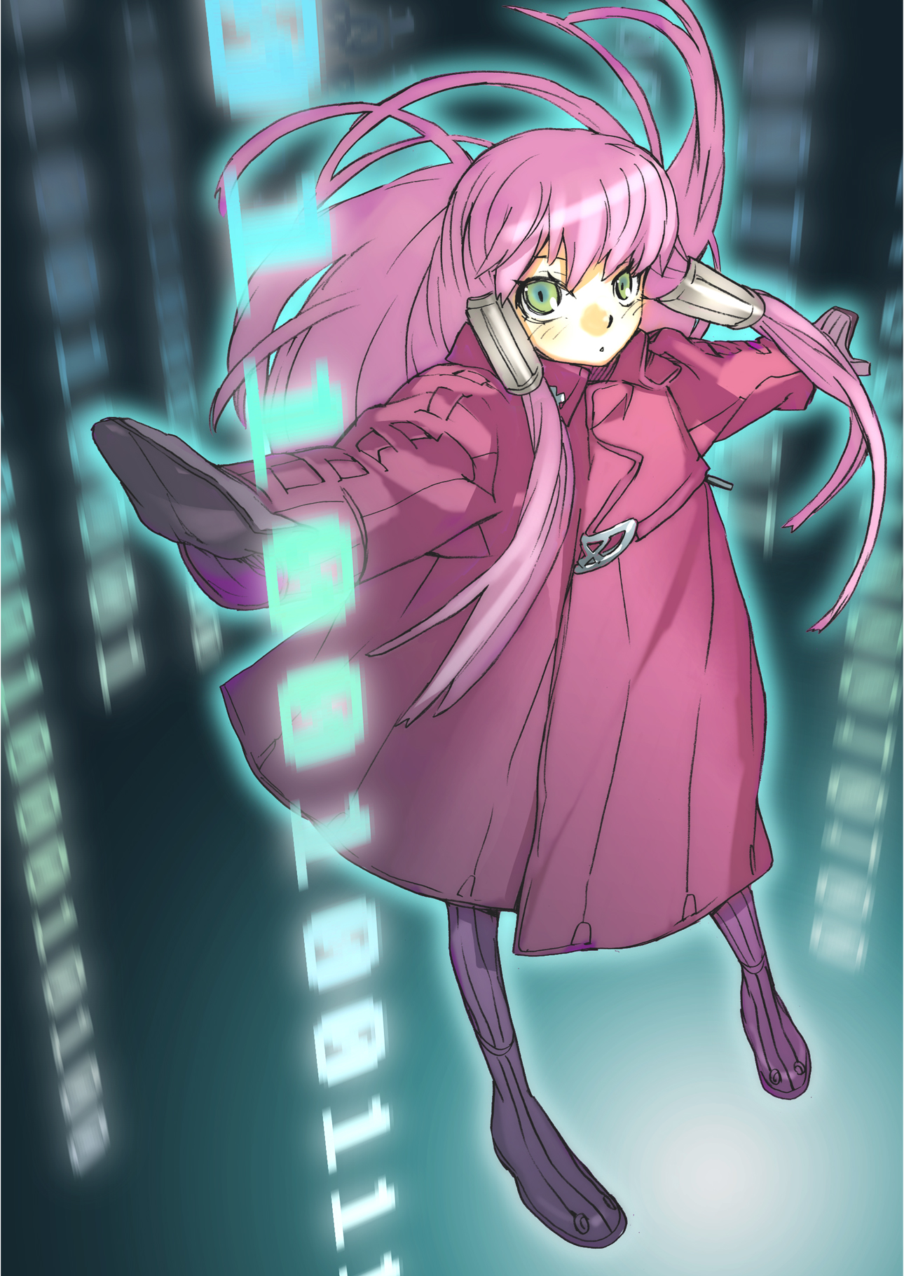 katou haruaki, original, highres, child, green eyes, long hair, pantyhose, pink hair, solo
