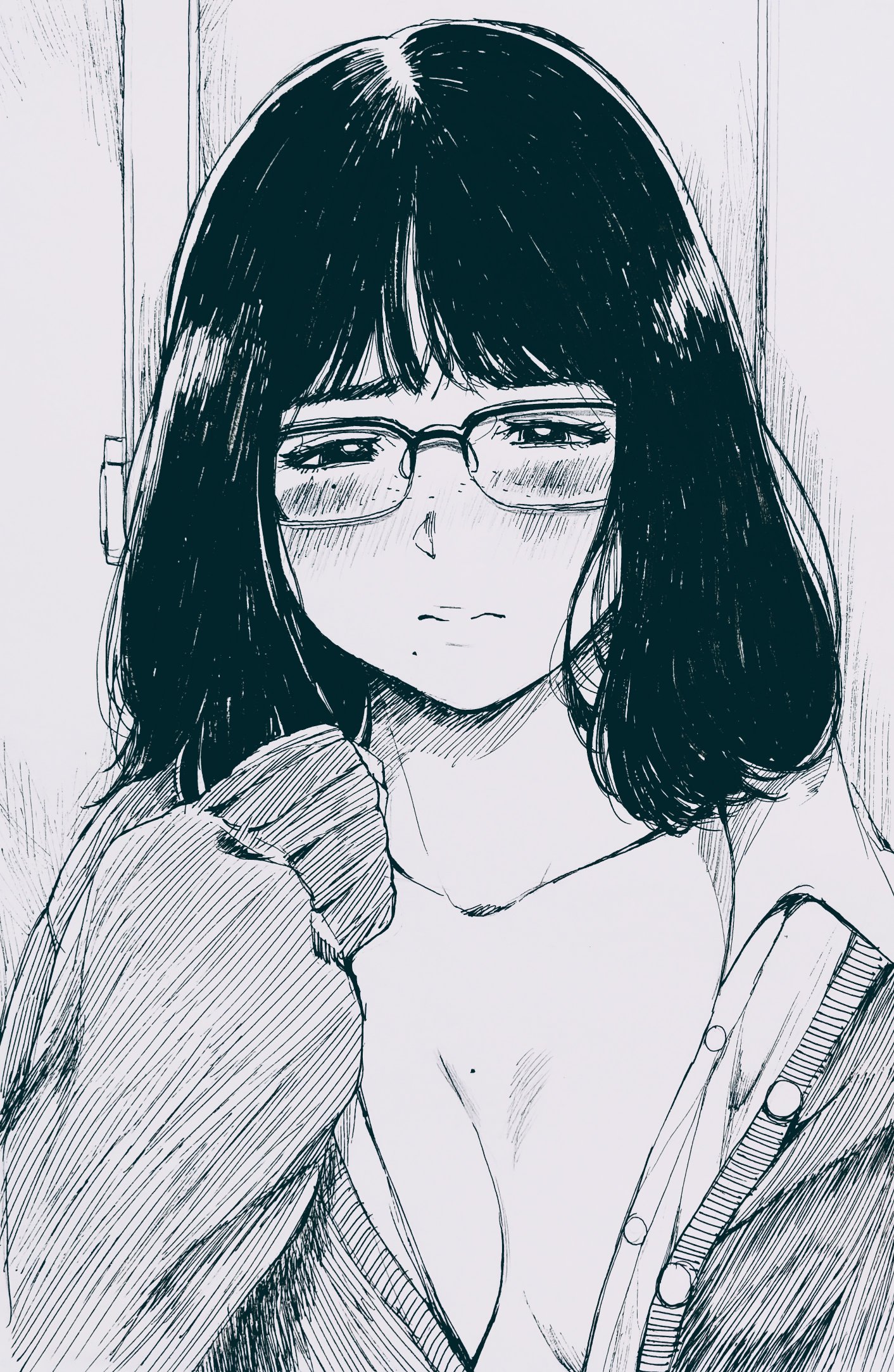 misaki toji, original, highres, 1girl, black hair, blush, breasts, cleavage, furrowed brow, glasses, jacket, lineart, medium hair, mole, mole under mouth, monochrome, partially undressed, shirt